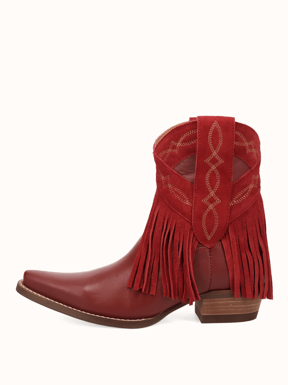 Red Snip-Toe Faux Suede Fringe Chic Ankle Cowgirl Boots