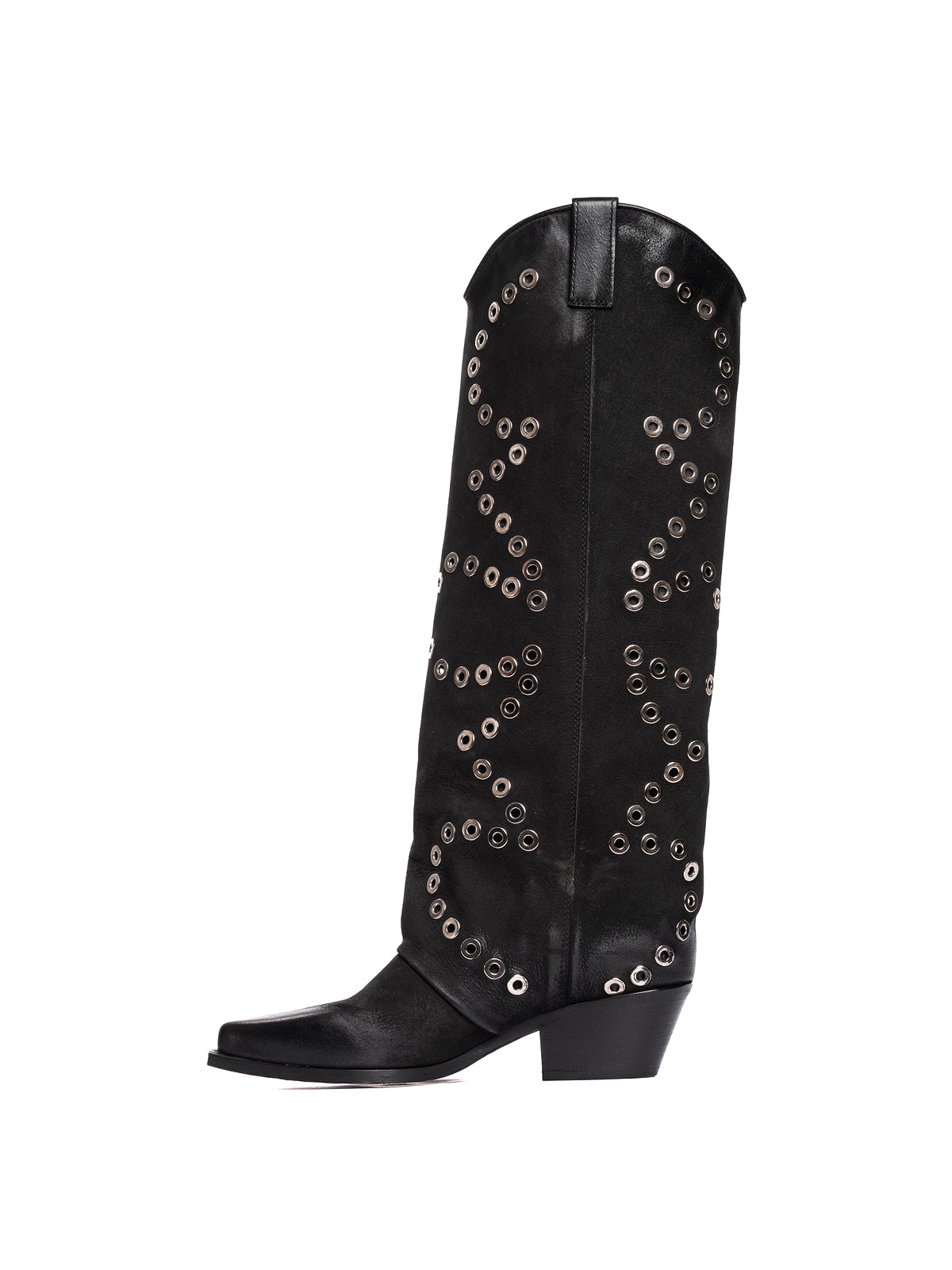 Black Faux Suede Snip-Toe Eyelet Wide Calf Knee High Cowgirl Boots