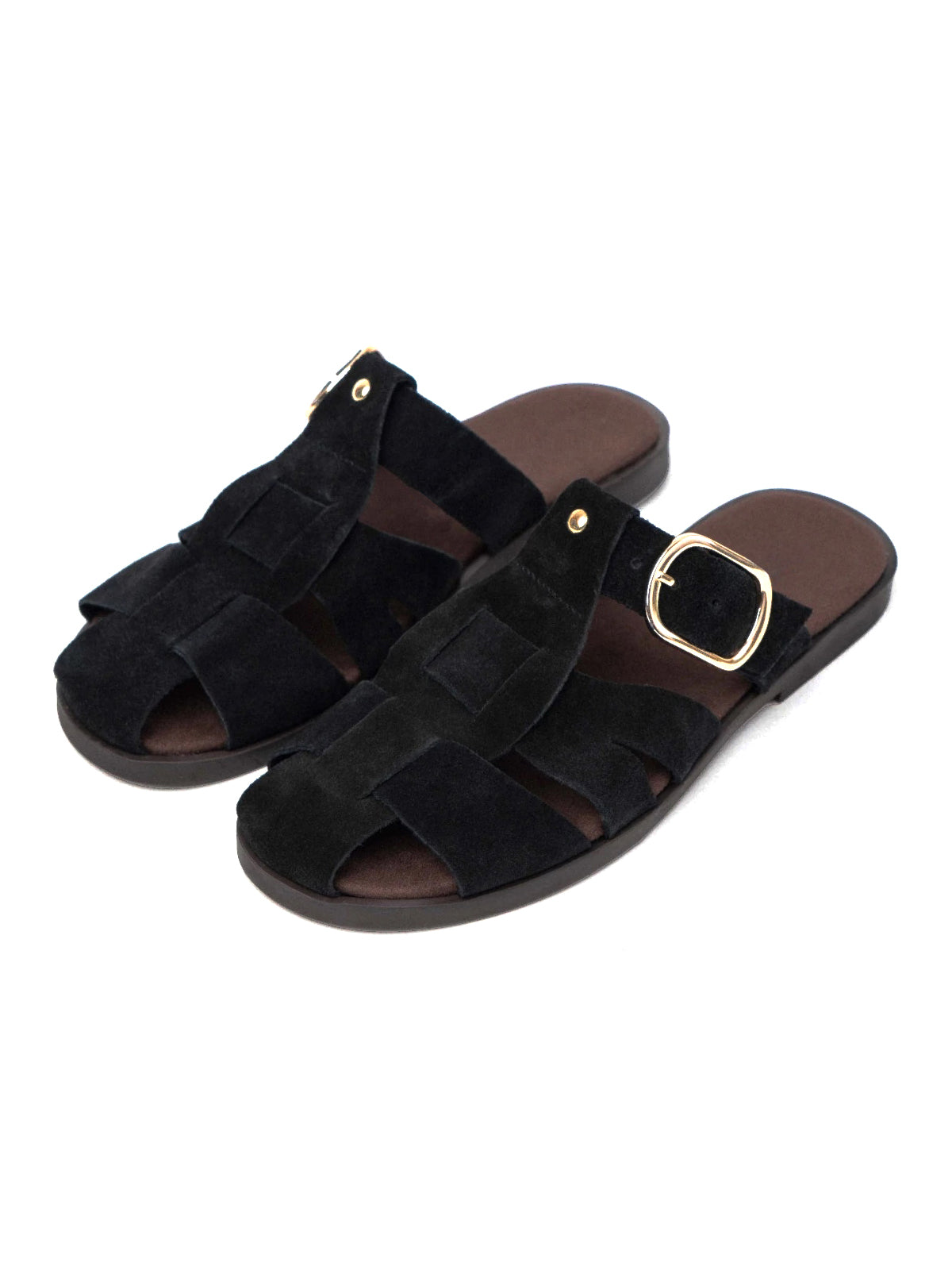 Black Cow Suede Round-Toe Caged Detail Backless Flats