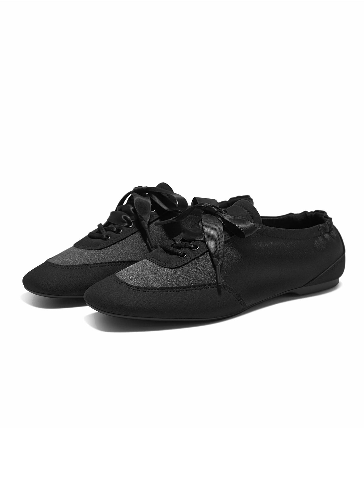 Black Satin And Faux Suede Square-Toe Floral Embroidery Lace-Up Flats