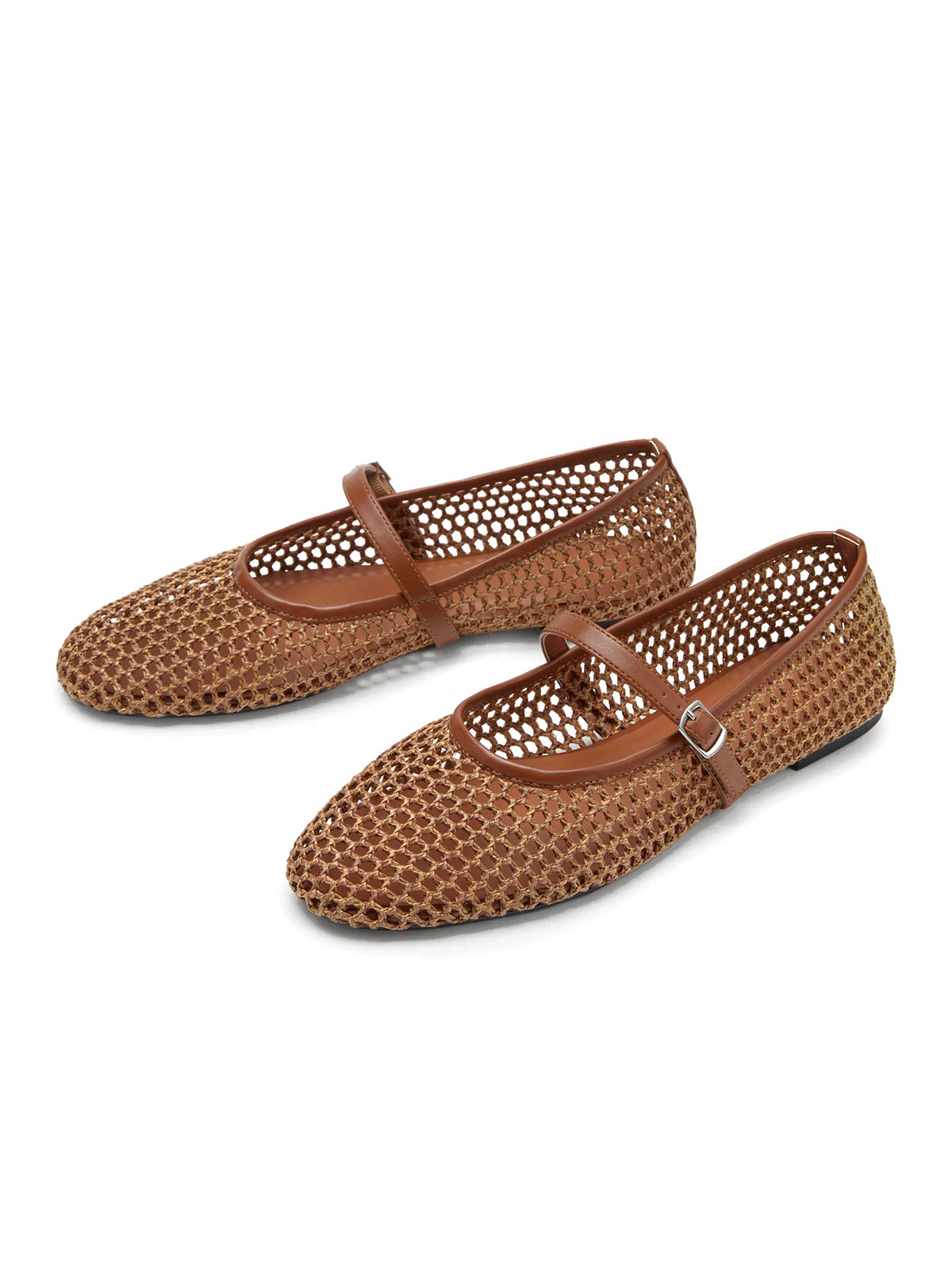 Brown Grass Woven Round-Toe Buckle Mary Jane Chic Flats