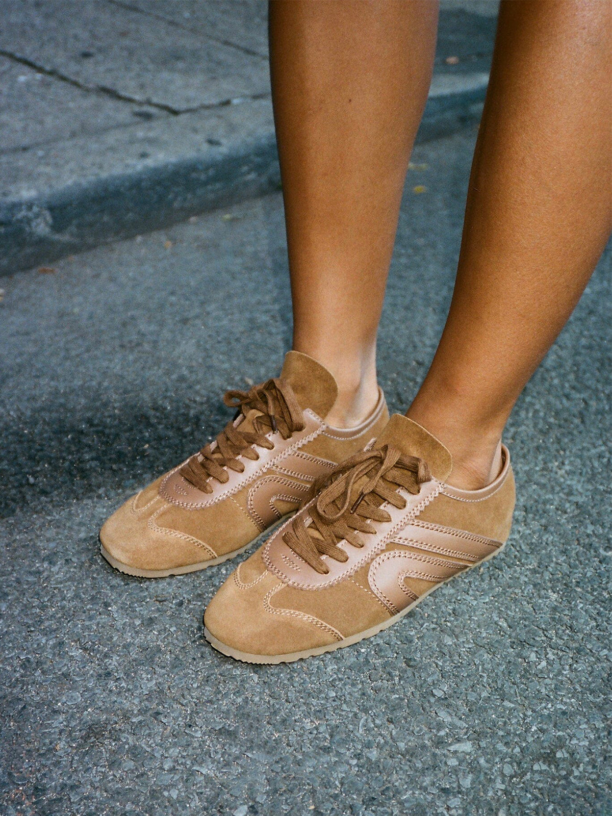 Mocha Faux Suede Round-Toe Lace-Up Classic Sneakers Flats