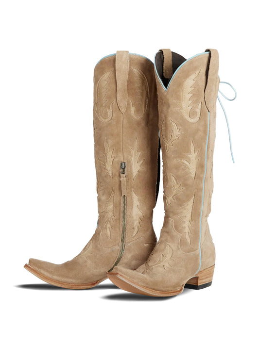 Half-Zip Snip-Toe Embroidery And Inlay Back Lace-Up Knee High Cowgirl Boots - Tan