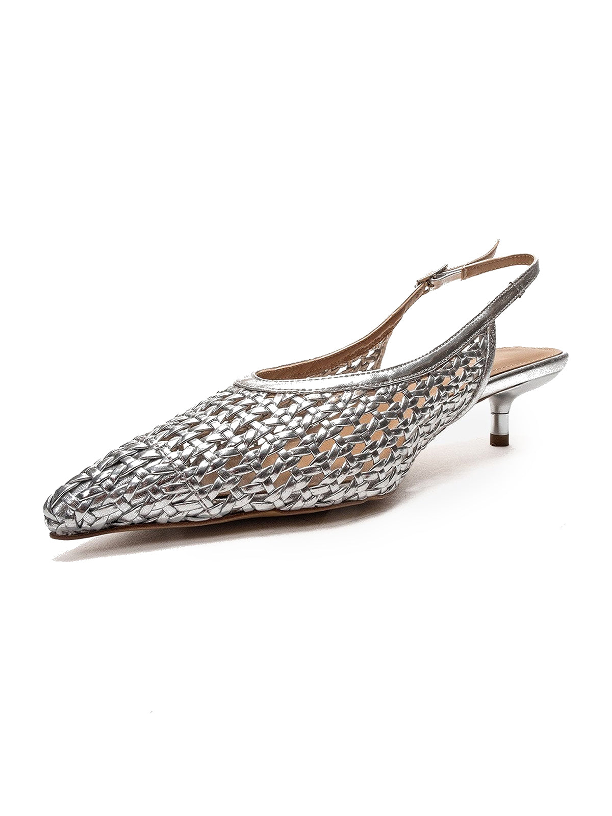 Metallic Silver Woven Vegan Leather Pointed-Toe Classic Back Strap Pumps Kitten Heels