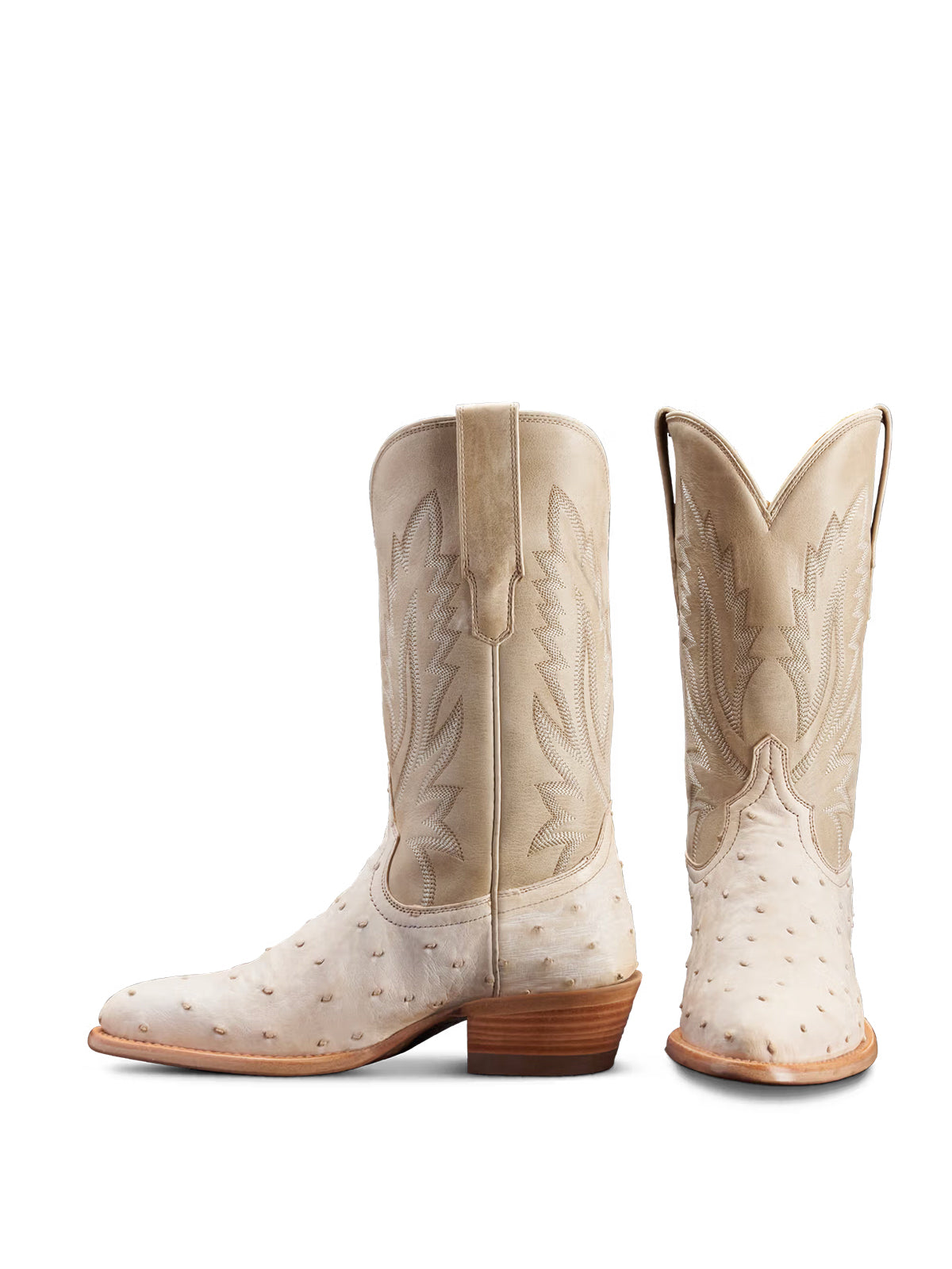 Contrast Sand And White Ostrich Print Almond-Toe Embroidery Mid Calf Cowgirl Boots