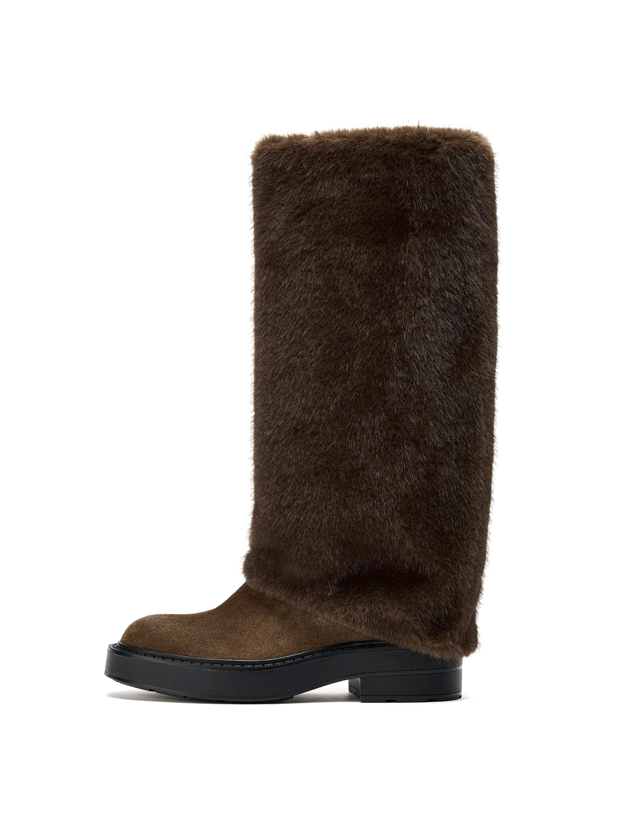 Taupe Faux Suede Round-Toe Plush Fold-Over Wide Calf Knee High Cowgirl Boots