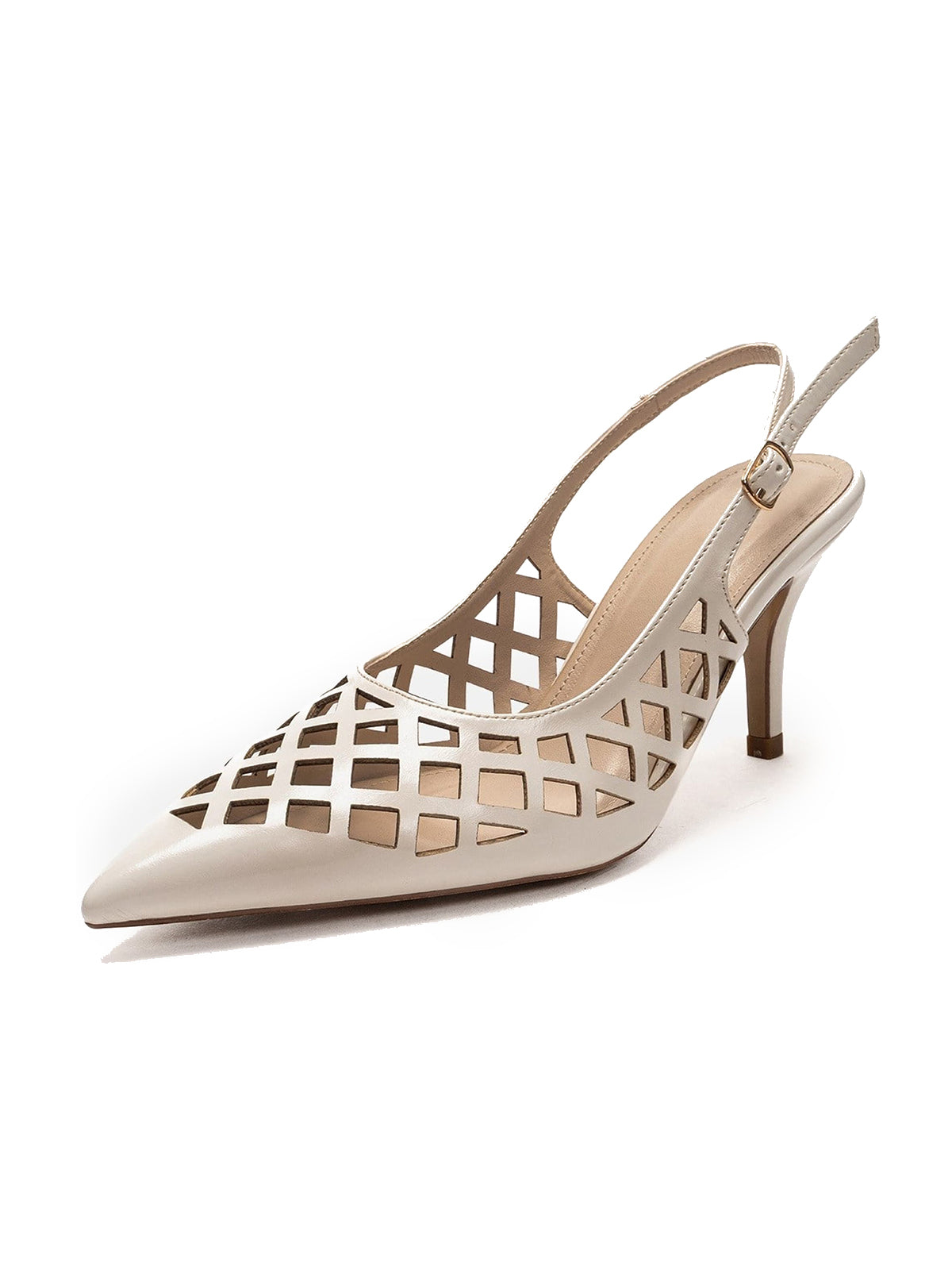 Beige Pointed-Toe Cutout Chic Buckle Back Strap Kitten Heels