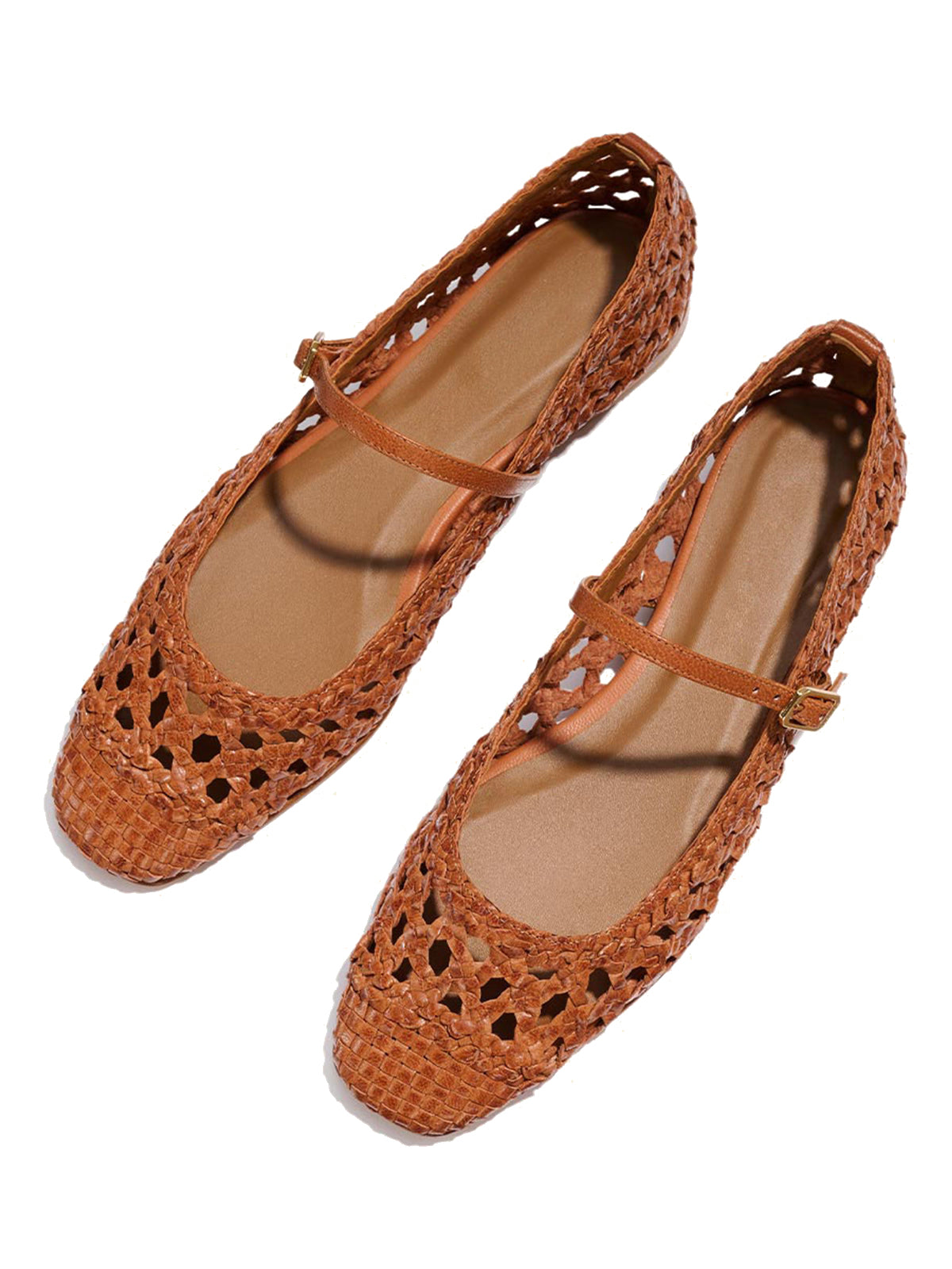 Brown Woven Vegan Leather Square-Toe Chic Mary Jane Flats
