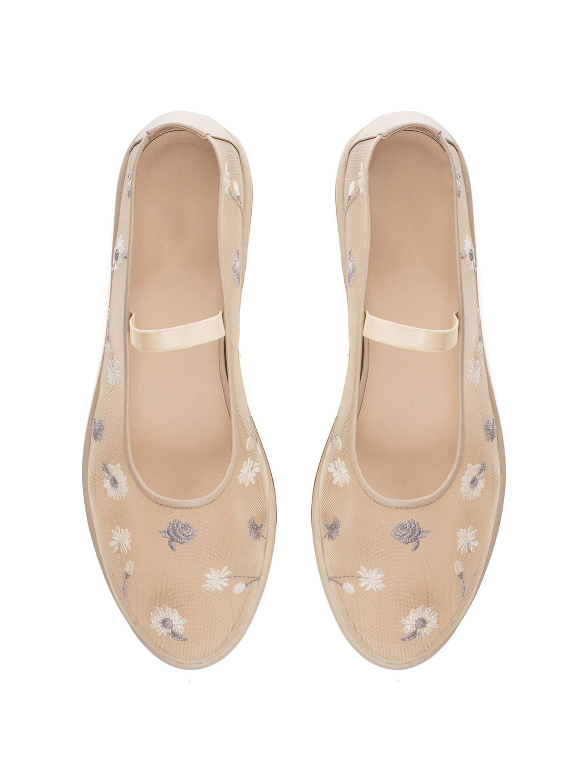 Nude Mesh Round-Toe Wildflowers Embroidery Mary Jane Ballet Flats