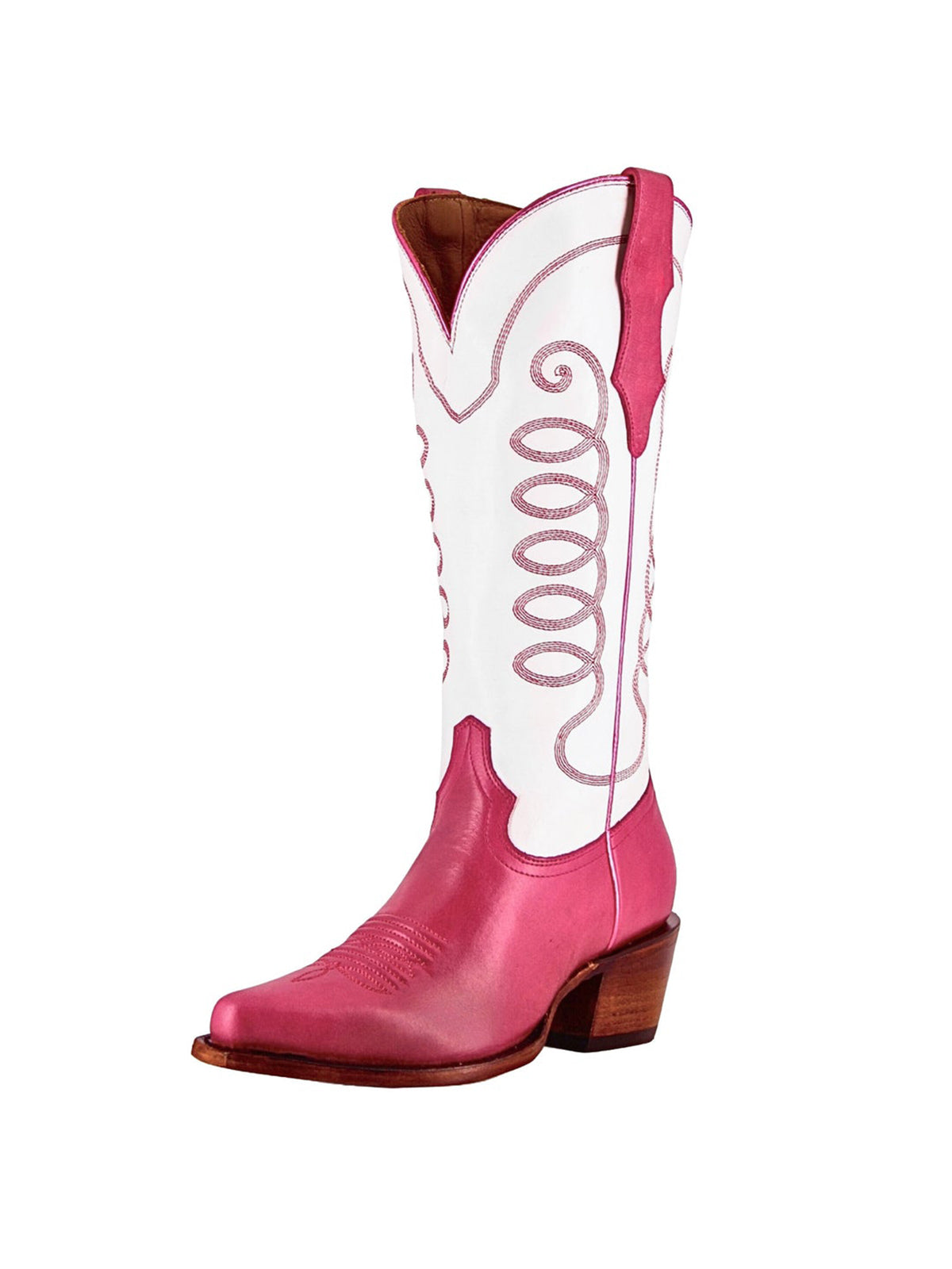 Contrast White And Berry Snip-Toe Simple Embroidery Classic Mid Calf Cowgirl Boots