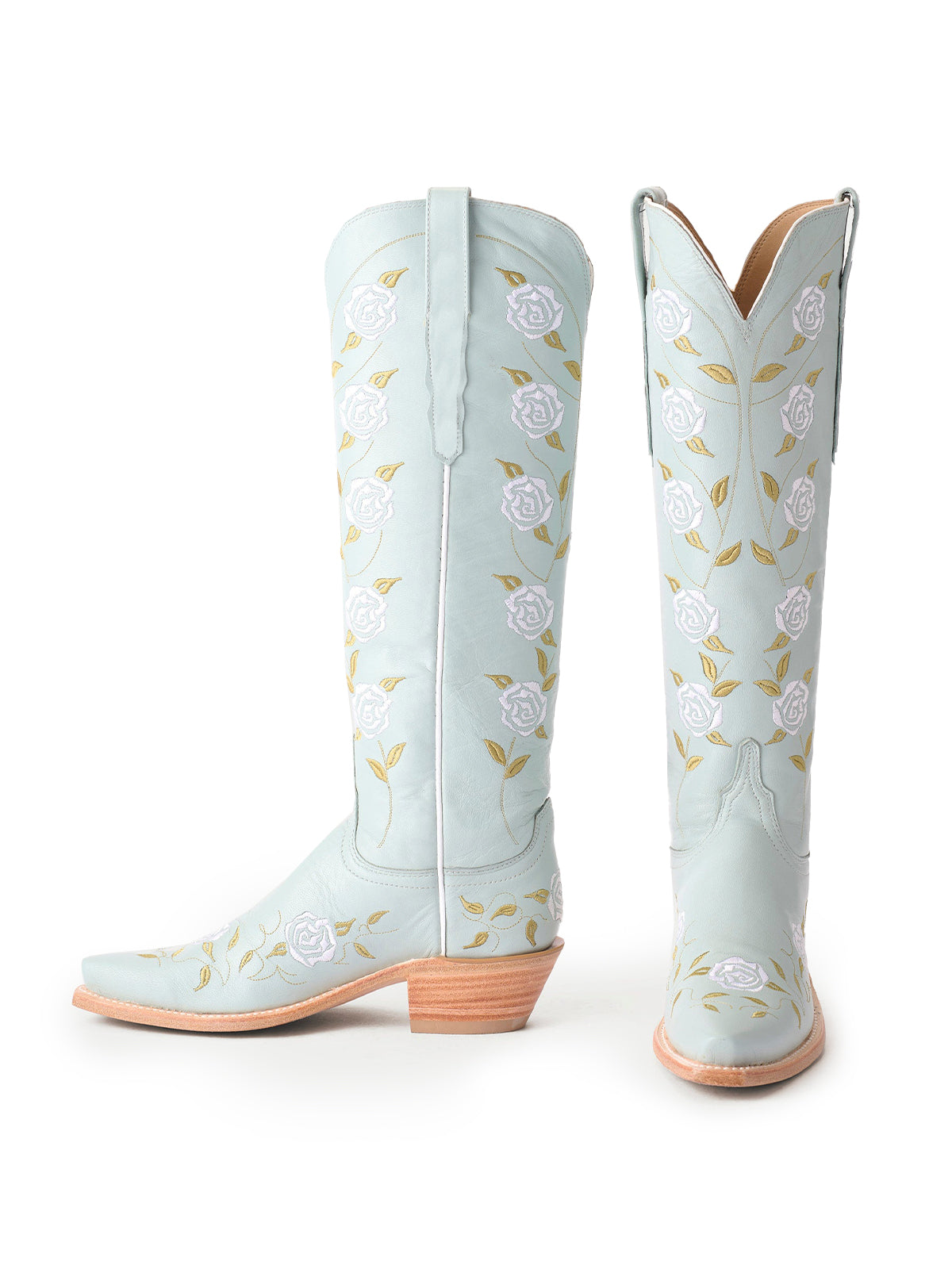 Powder Blue Snip-Toe Rose Embroidery Wide Calf Knee High Cowgirl Boots