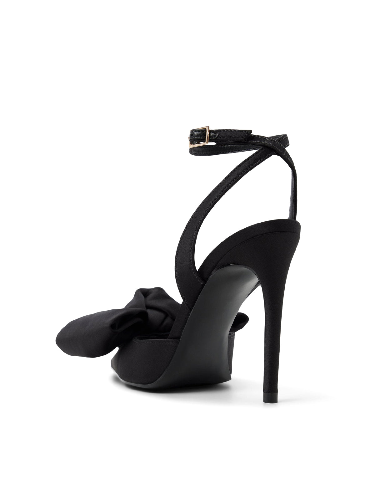 Black Satin Pointed-Toe Front Big Bow Slip-On Slingback High Heels