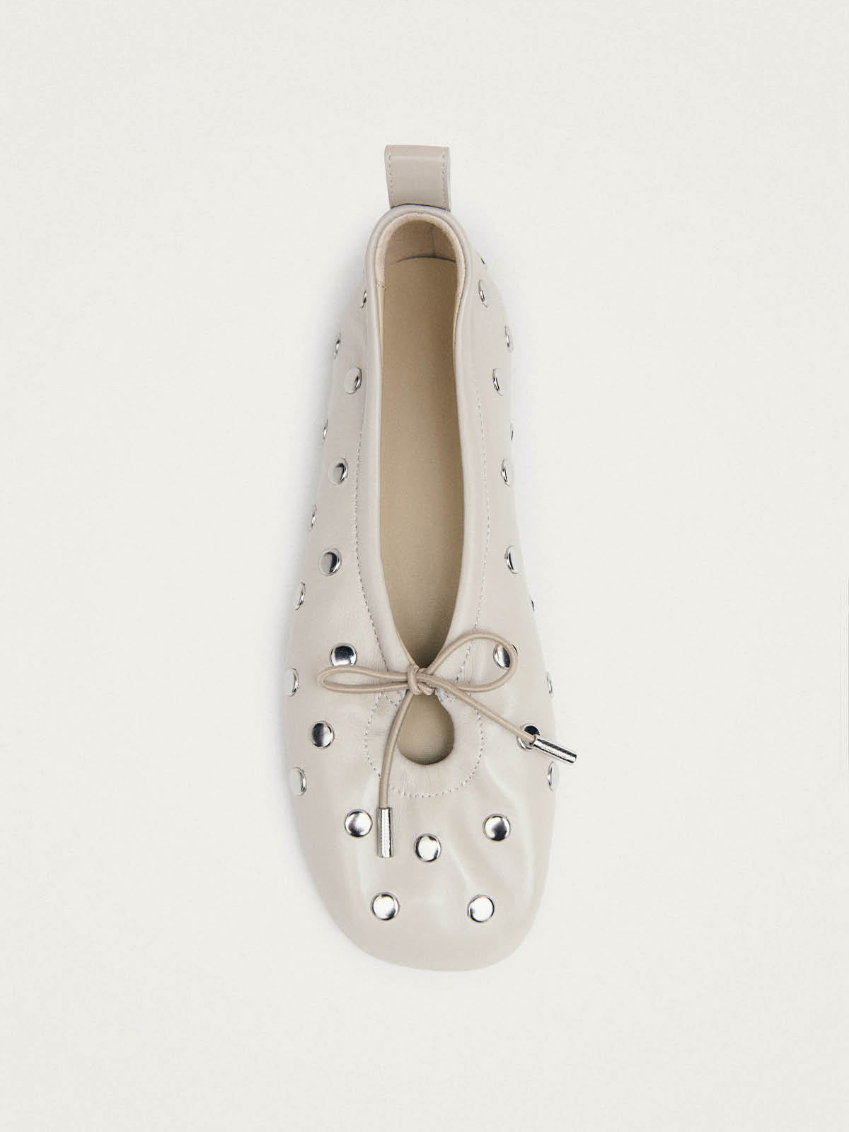 Ivory Square-Toe Full Studs And Front Bow Chic Ballet Flats