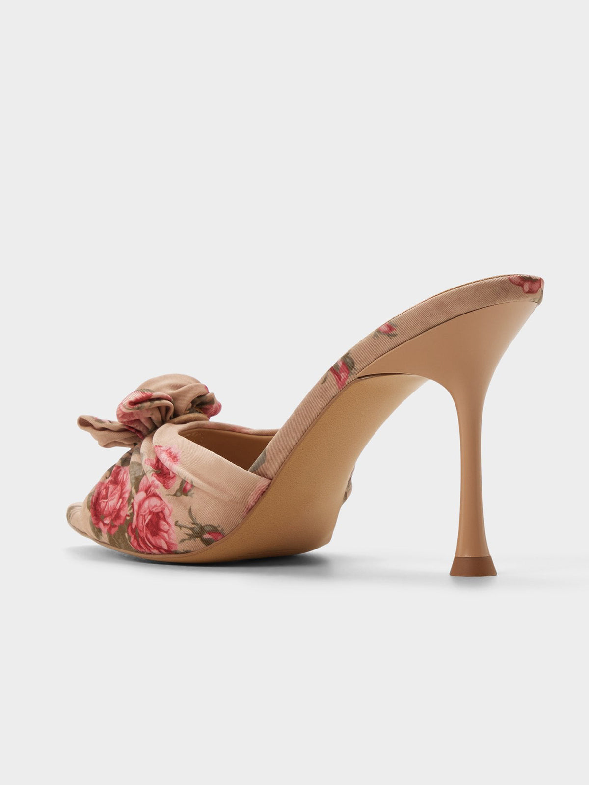 Beige Satin Peep Round-Toe Front Rose Detail Slip-On High Heels
