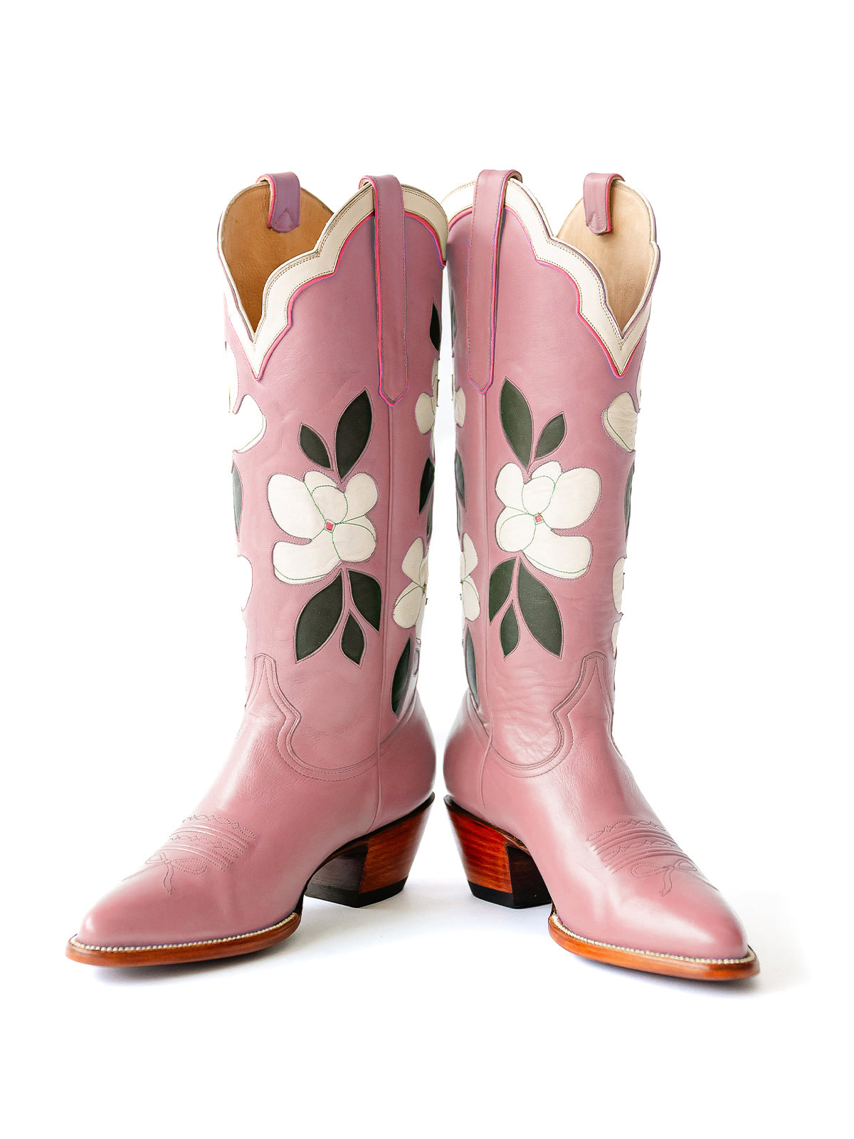 Dusty Pink Almond-Toe White Flower Inlay Wide Calf Knee High Cowgirl Boots