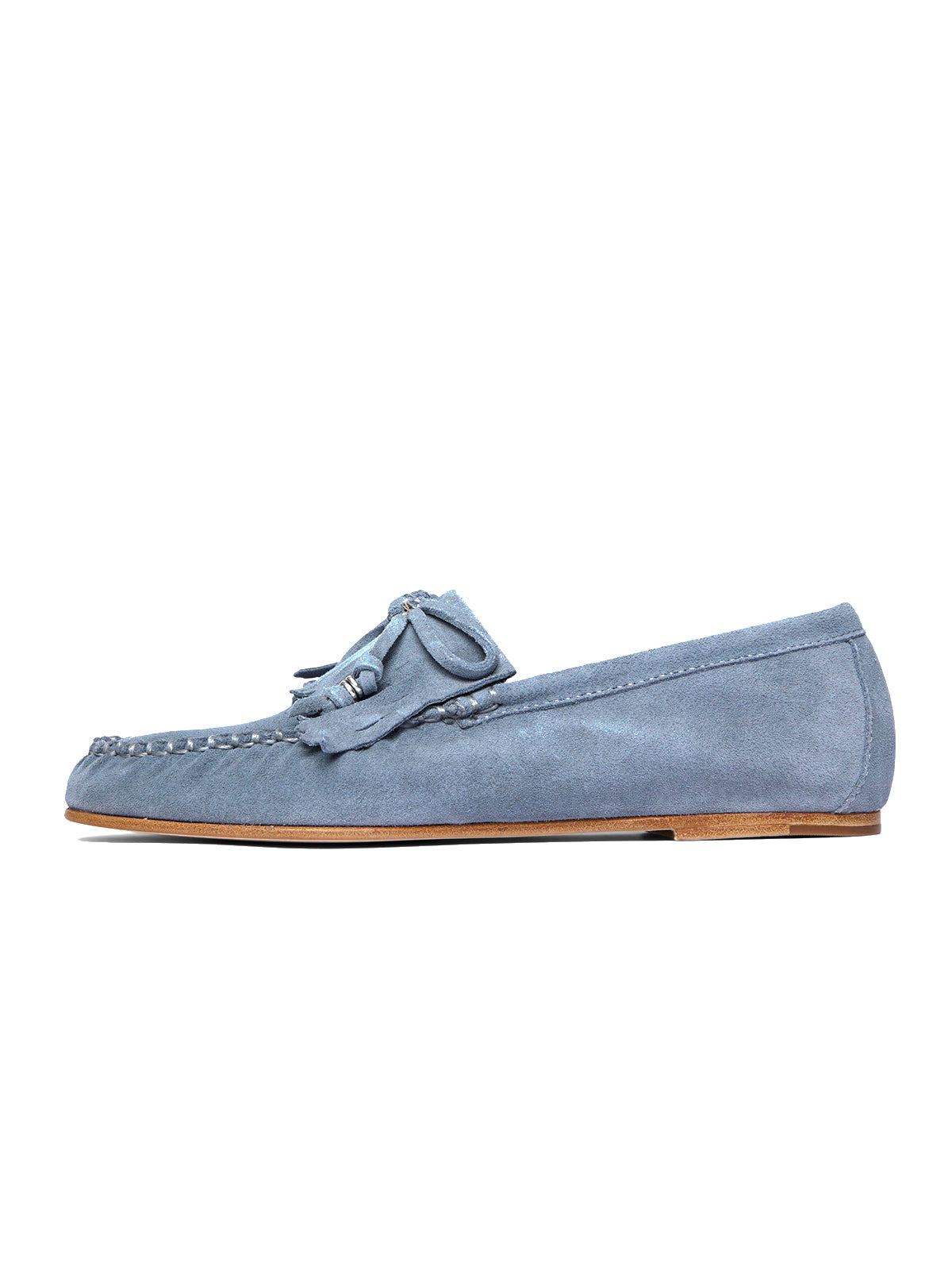Purple Cow Suede Round-Toe Front Bow And Fringe Flats