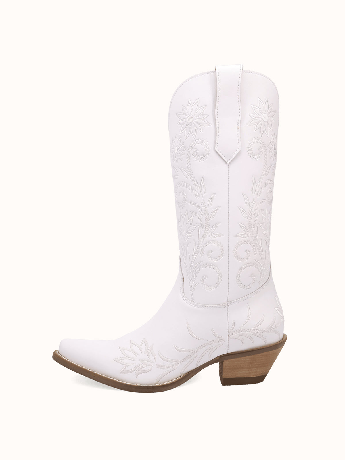 White Snip-Toe White Flowers Embroidery Chic Mid Calf Cowgirl Boots