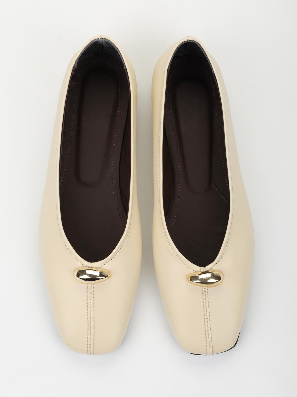 Cream Yellow Square-Toe Front Gold Metal Detail Slip-On Flats