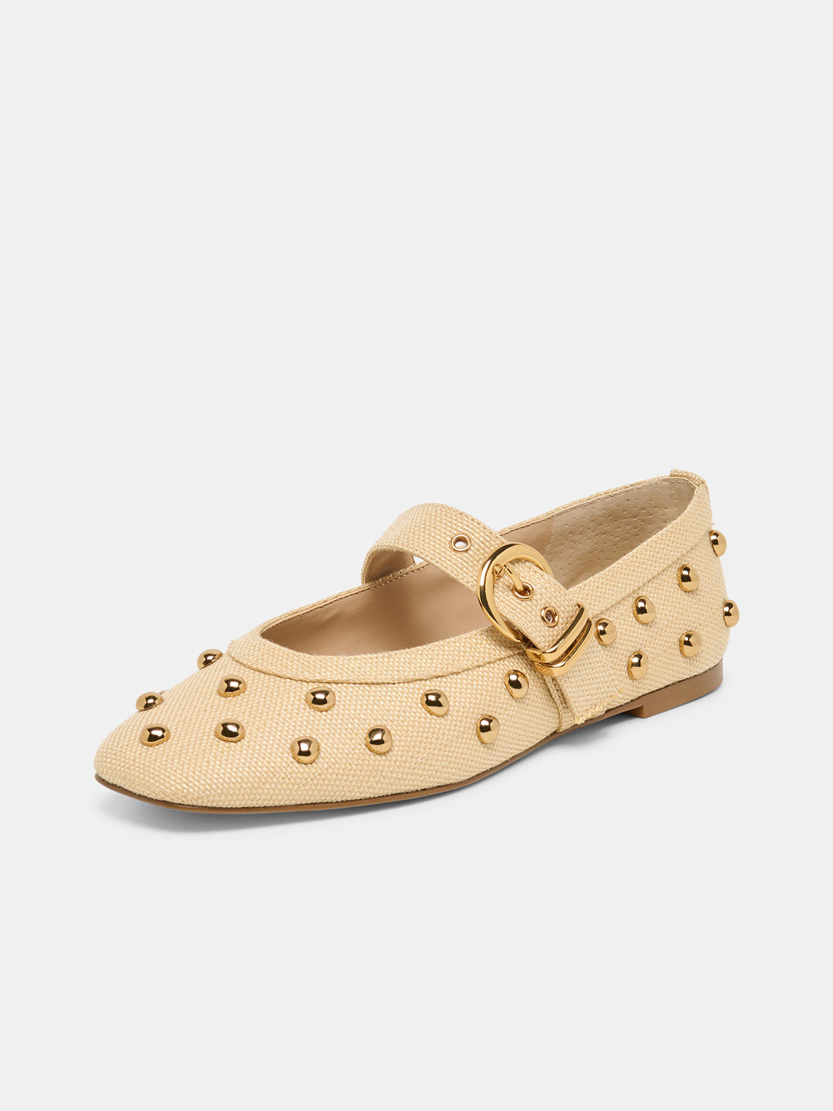 Beige Woven Square-Toe Studs And Mary Jane Ballet Flats
