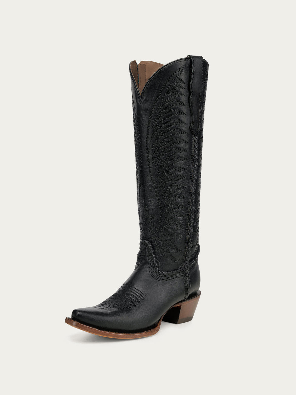 Chic Wings Embroidery Snip-Toe Full-Zip Knee High Cowgirl Boots - Black