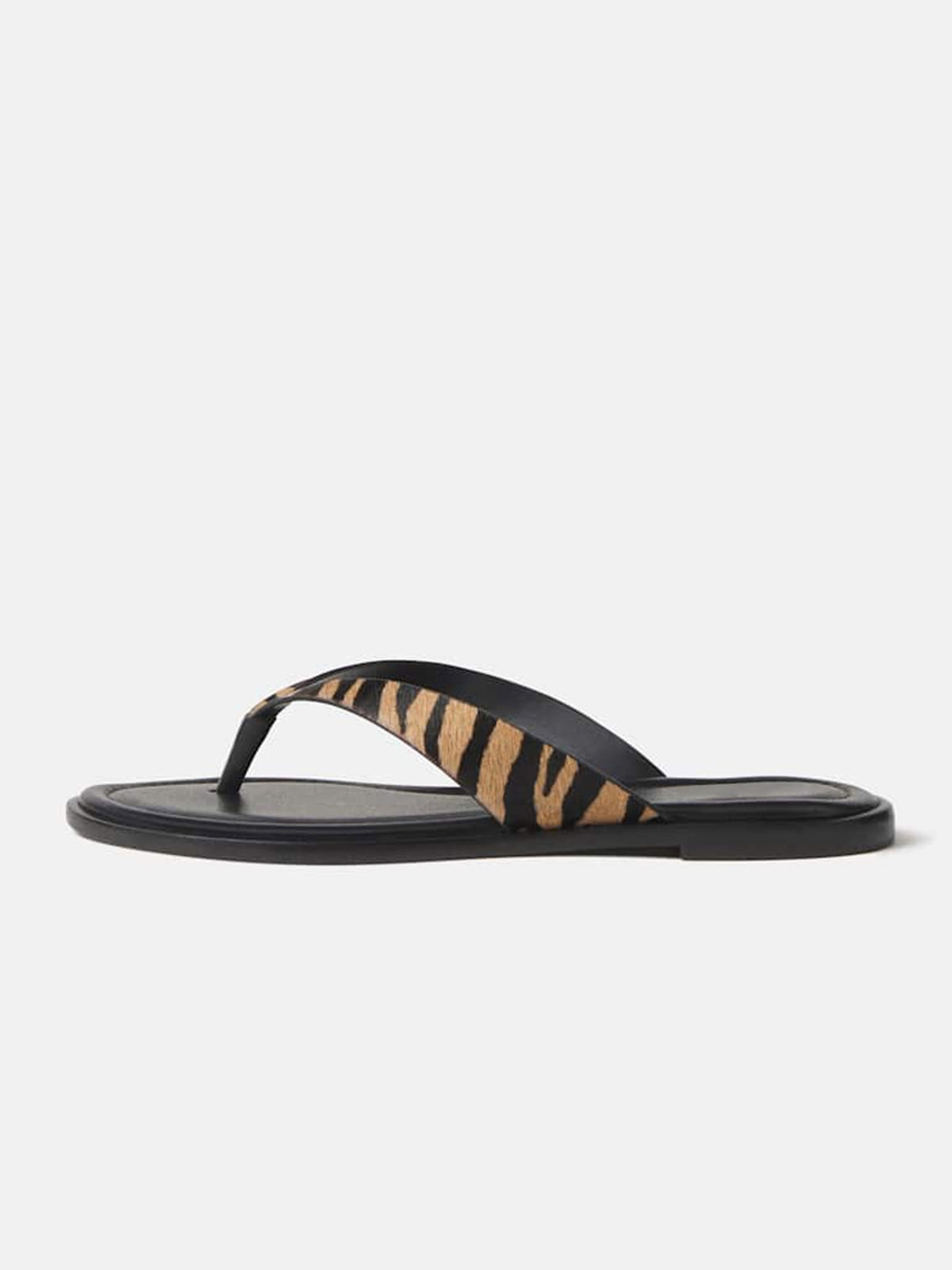 Zebra Pattern Pony Hair Vegan Leather Round-Toe Flip-Flop Slip-On Flats Sandals