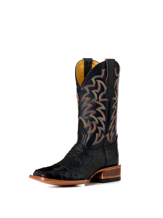 Black Contrast Vegan Leather And Ostrich Print Square-Toe Embroidery Mid Calf Cowgirl Boots