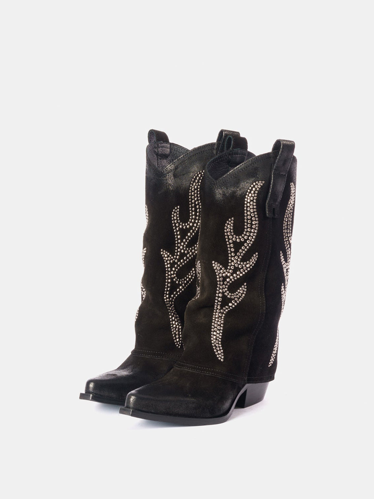 Black Faux Suede Snip-Toe Studded Fold-Over Mid Calf Cowgirl Boots