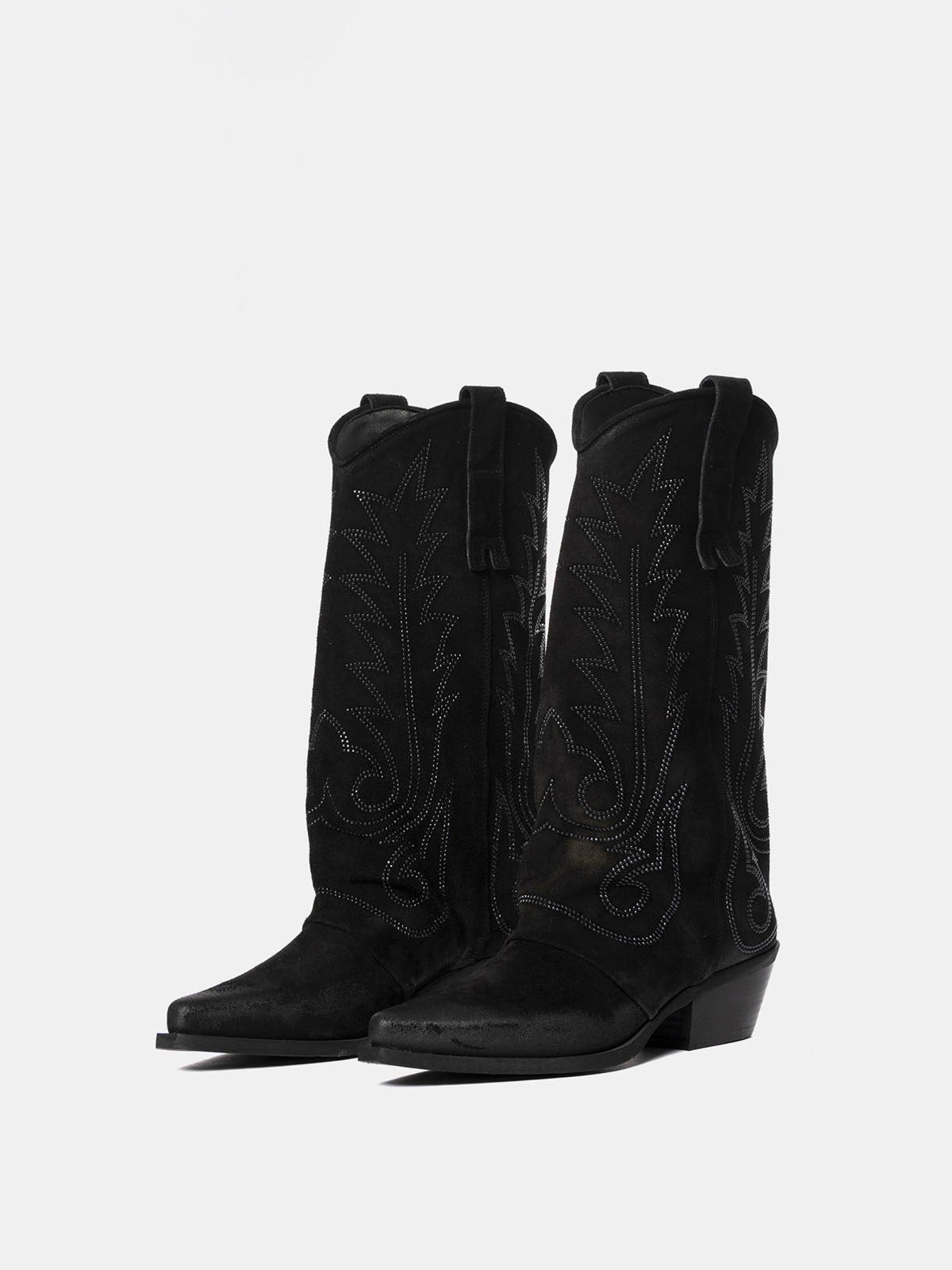 Black Snip-Toe Faux Suede Embroidery Classic Mid Calf Cowgirl Boots