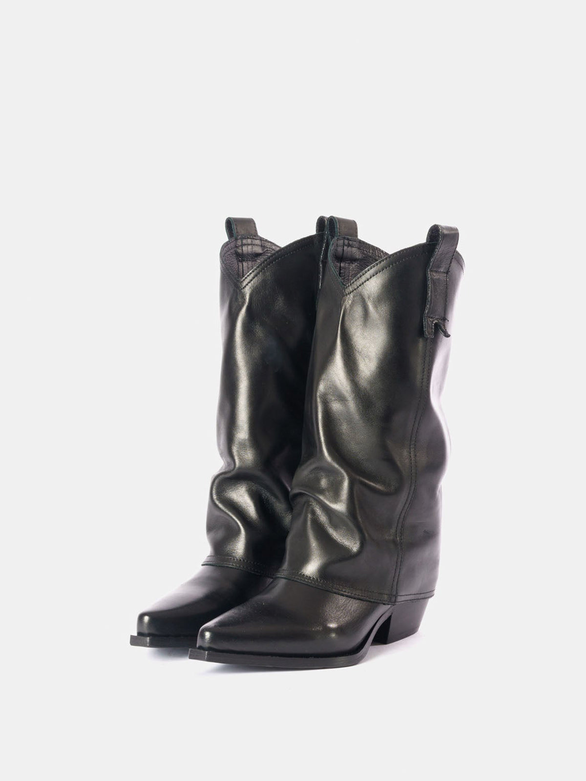 Black Snip-Toe Mid Calf Fold-Over Cowgirl Boots