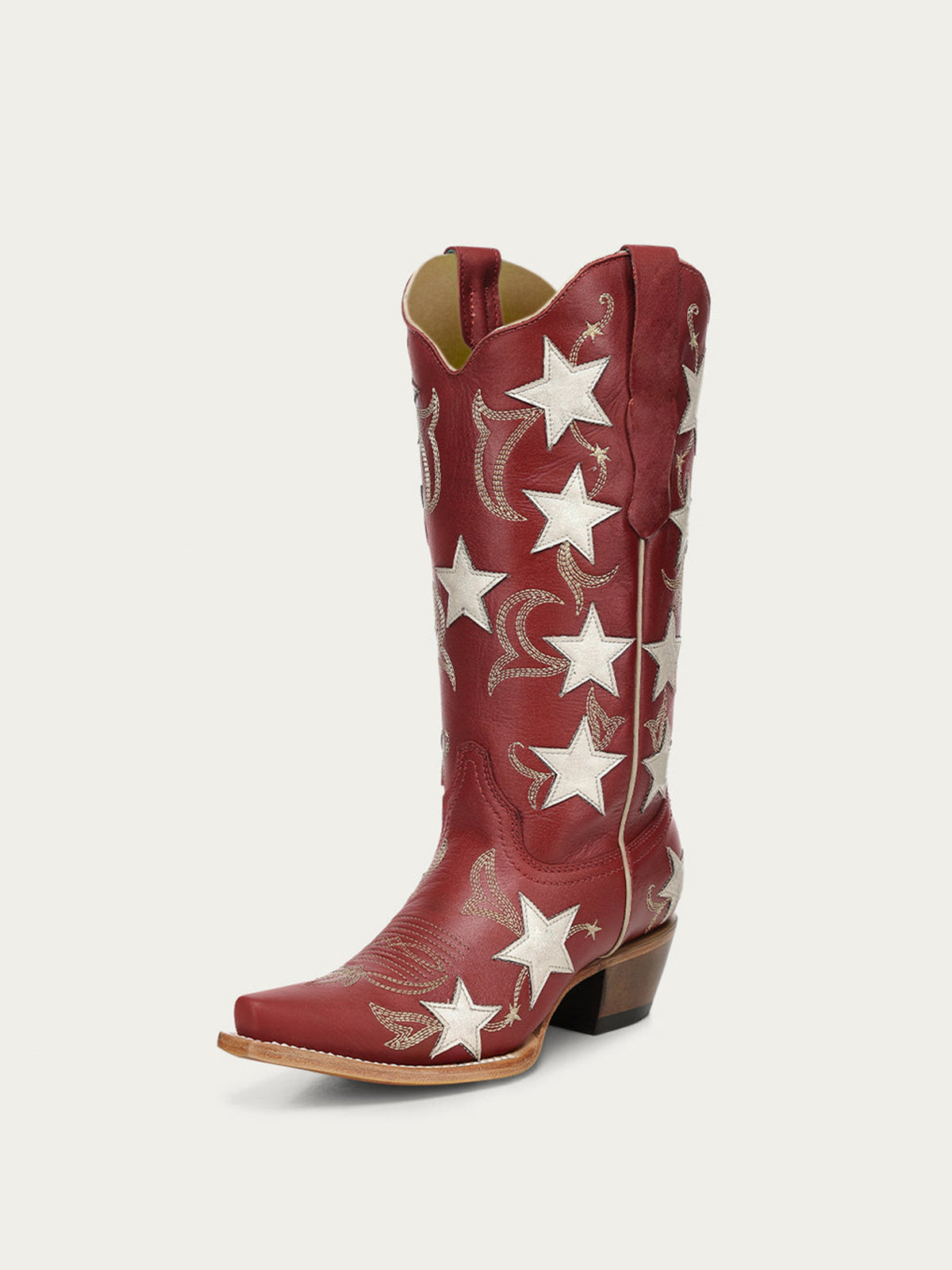 Red Snip-Toe Chic Stars Inlay With Embroidery Mid Calf Cowgirl Boots