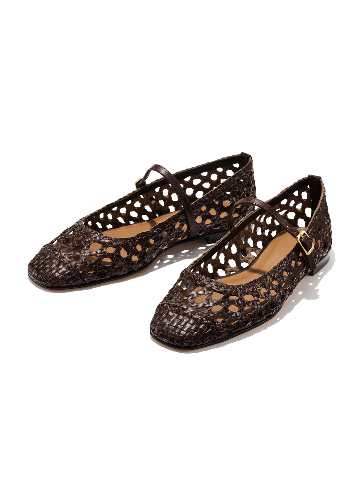 Coffee Woven Vegan Leather Square-Toe Chic Mary Jane Flats