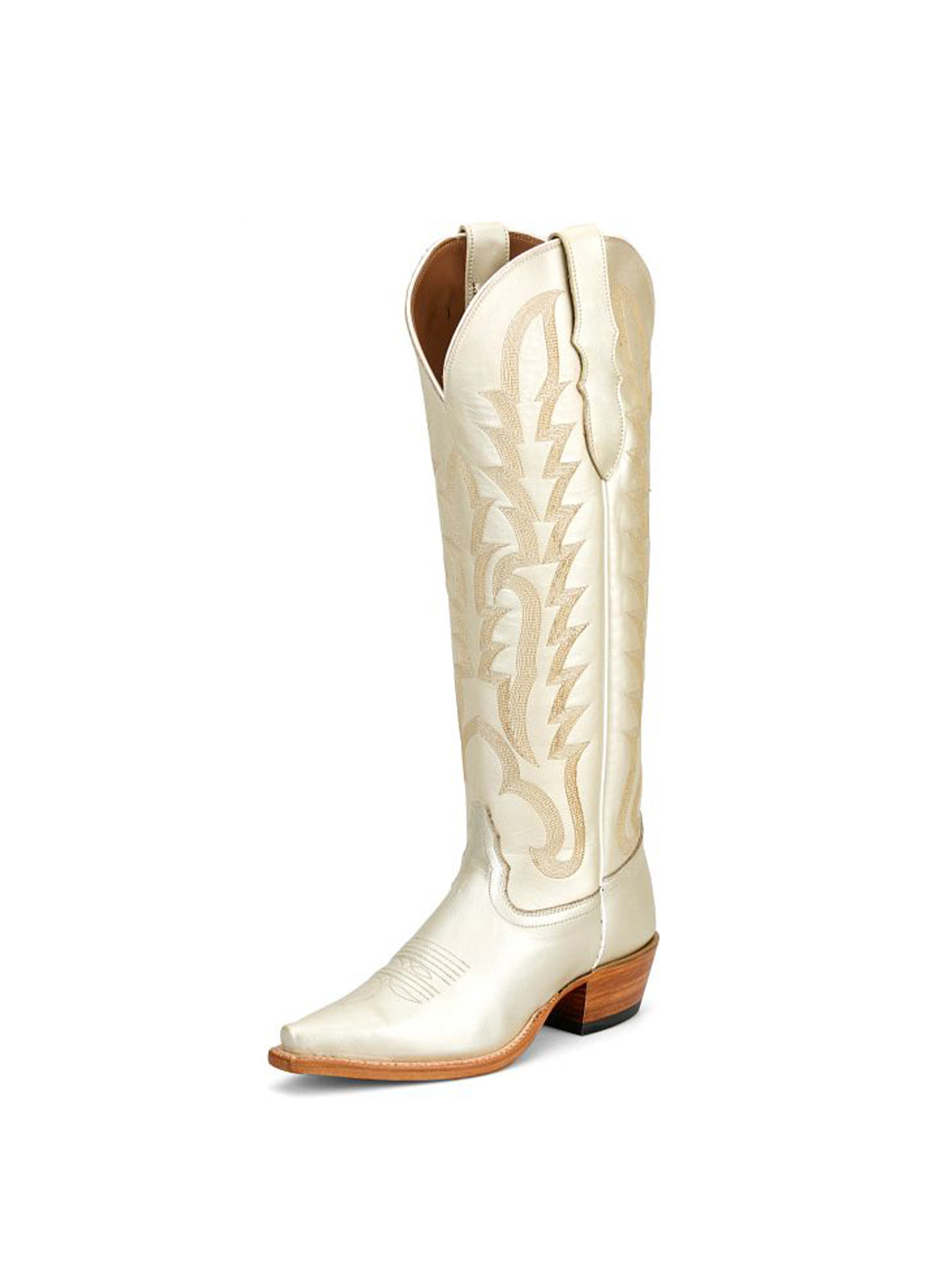 Metallic White Snip-Toe Single Row Stitch Knee High Cowgirl Boots