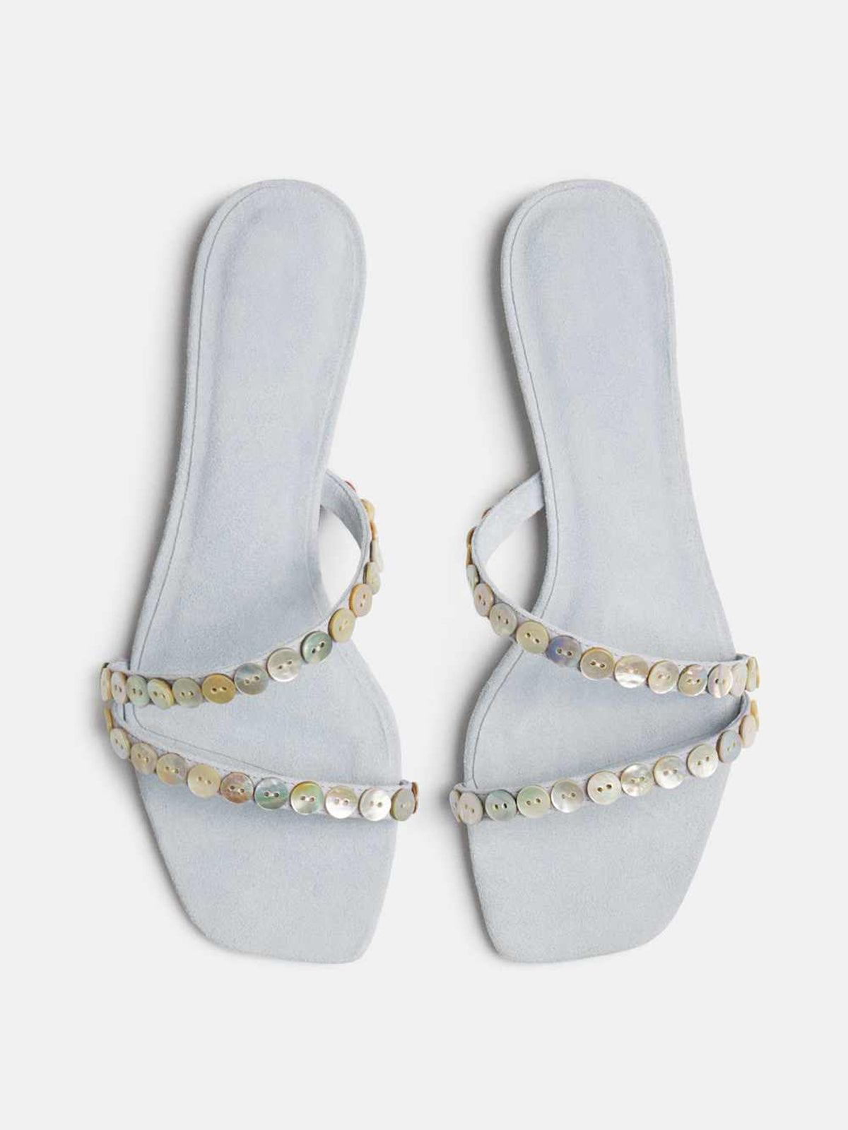Gray Faux Suede Square-Toe Double Straps With Button Embellishments Flat Sandals
