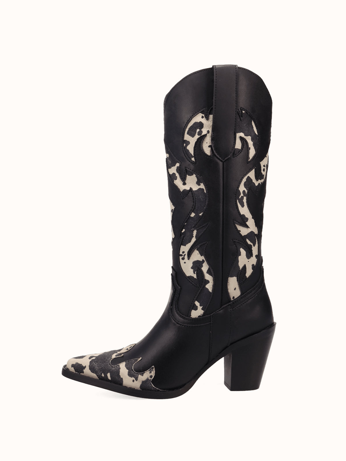 Contrast Black And Cow Pattern Snip-Toe Mid Calf Cowgirl Boots