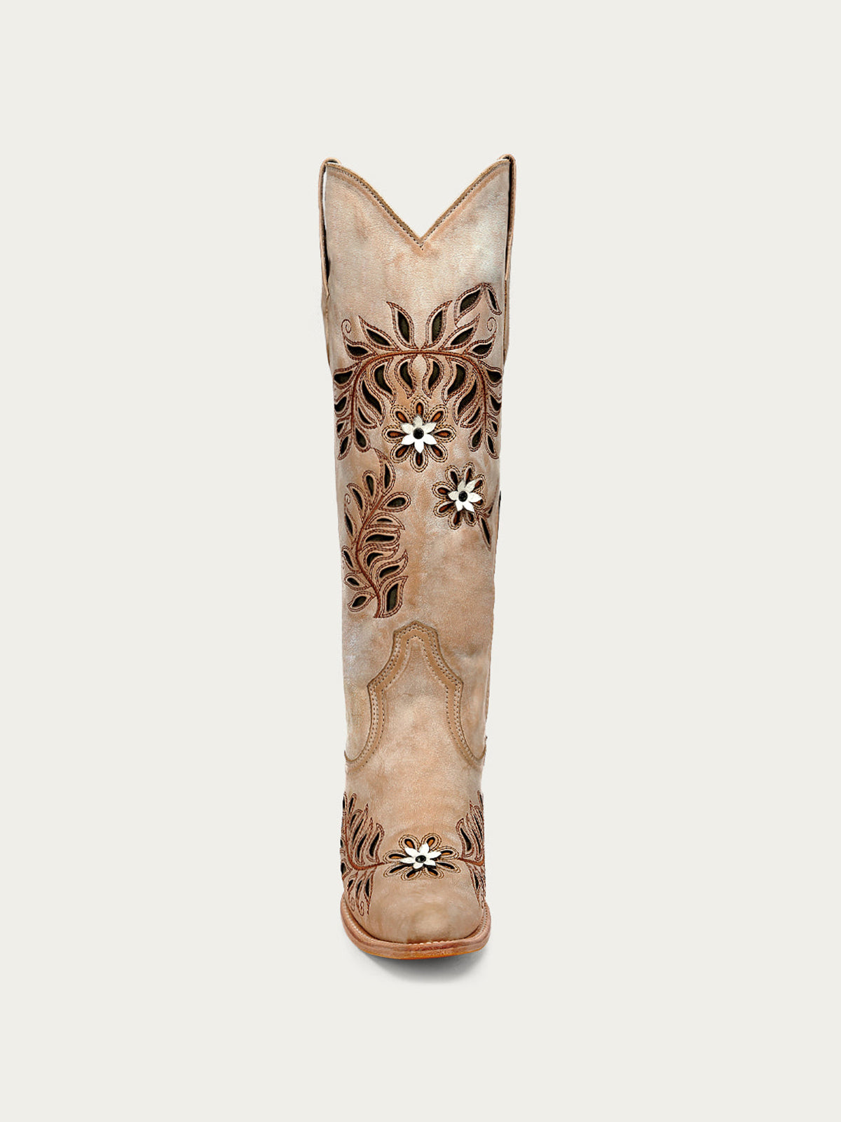 Tan Snip-Toe Leaves Flowers And Bird Inlay Half-Zip Knee High Cowgirl Boots