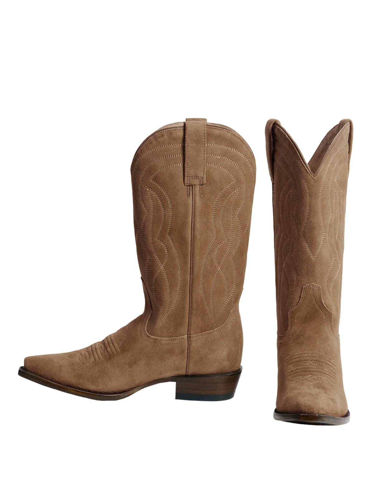 Tan Faux Suede Snip-Toe Classic Stitch Mid Calf Cowgirl Boots