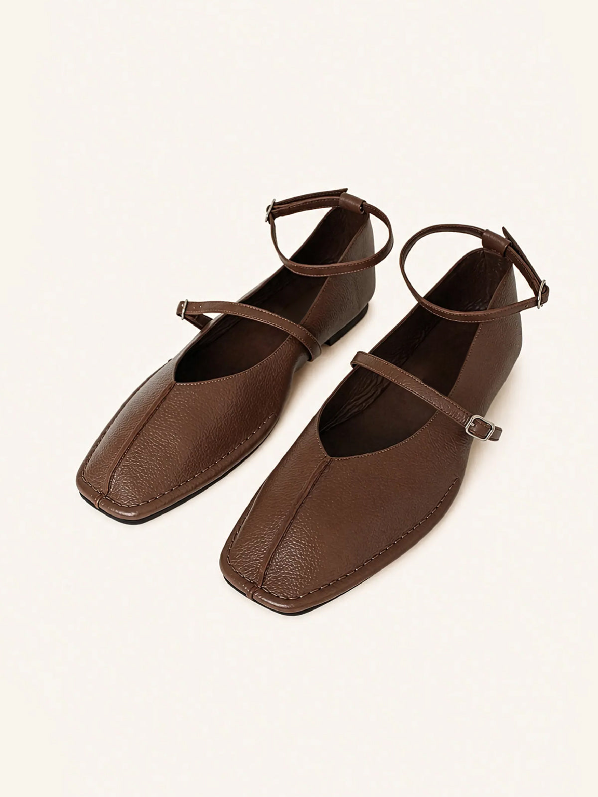 Dark Brown Square-Toe Buckle Middle And Ankle Strap Chic Flats