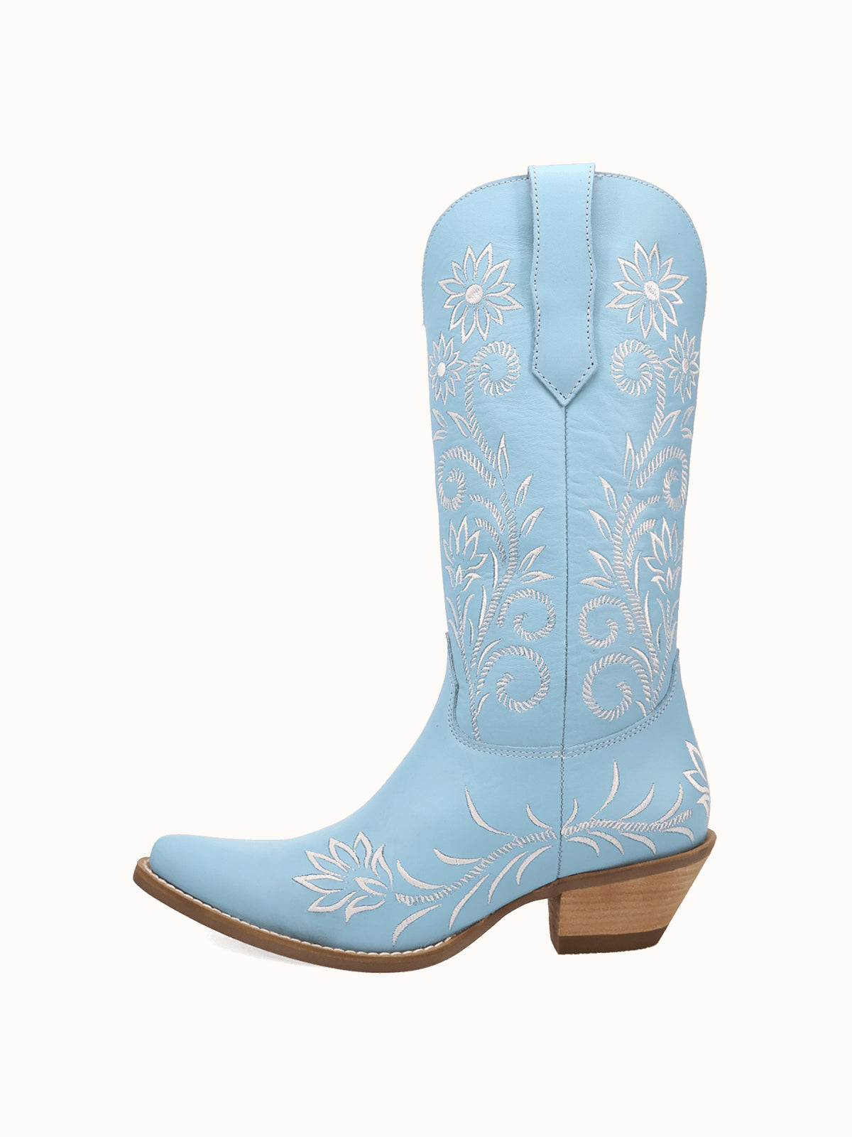 Blue Snip-Toe White Flowers Embroidery Chic Mid Calf Cowgirl Boots