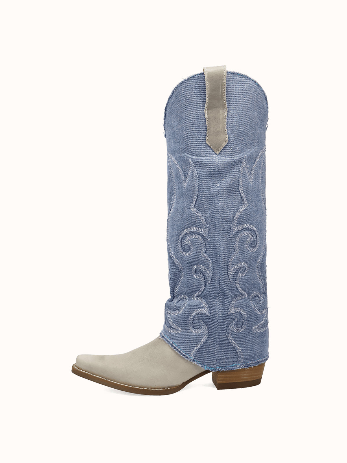 Blue Denim And Bone Snip-Toe Embroidery Fold-Over Wide Calf Knee High Cowgirl Boots