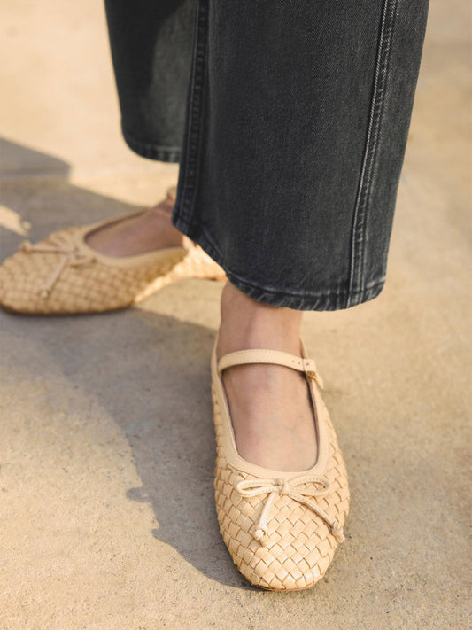 Yellow Woven Vegan Leather Square-Toe Front Bow And Mary Jane Flats