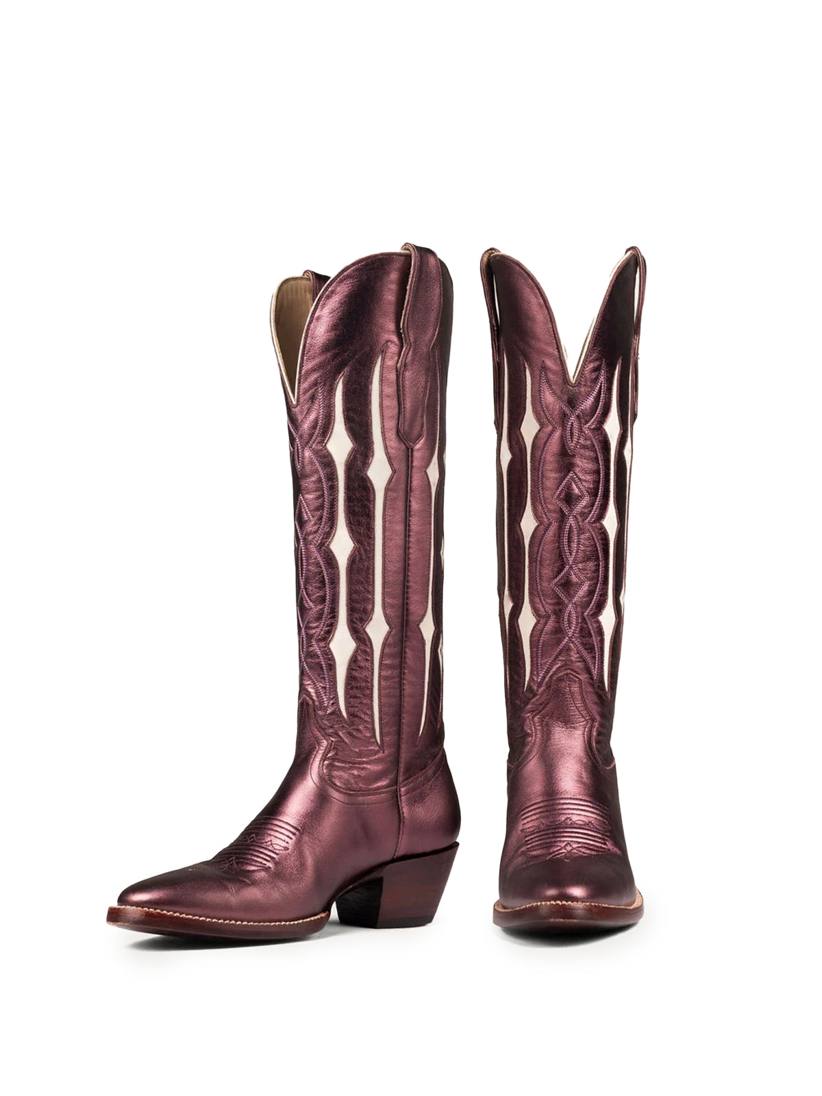 Metallic Wine Red Contrast Bone Inlay Stitch Almond-Toe Wide Knee High Western Cowgirl Boots