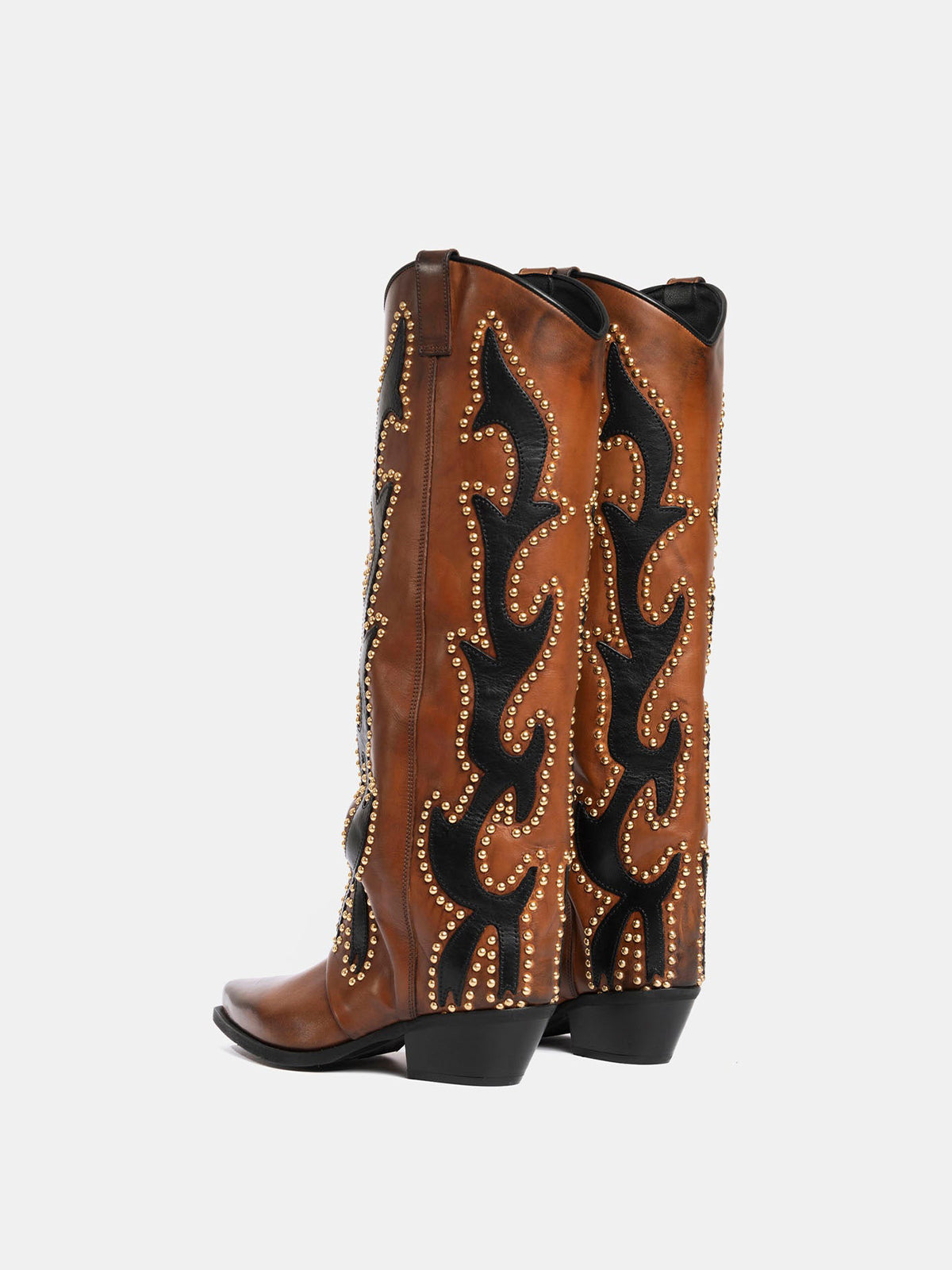 Brown Snip-Toe Inlays Studs Wide Calf Knee High Cowgirl Boots