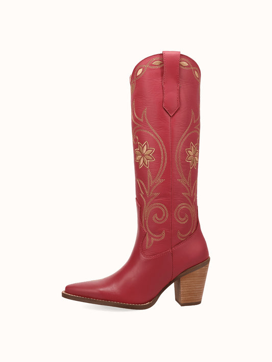 Snip-Toe Flowers And Chic Embroidery Wide Calf Knee High Cowgirl Boots - Pink