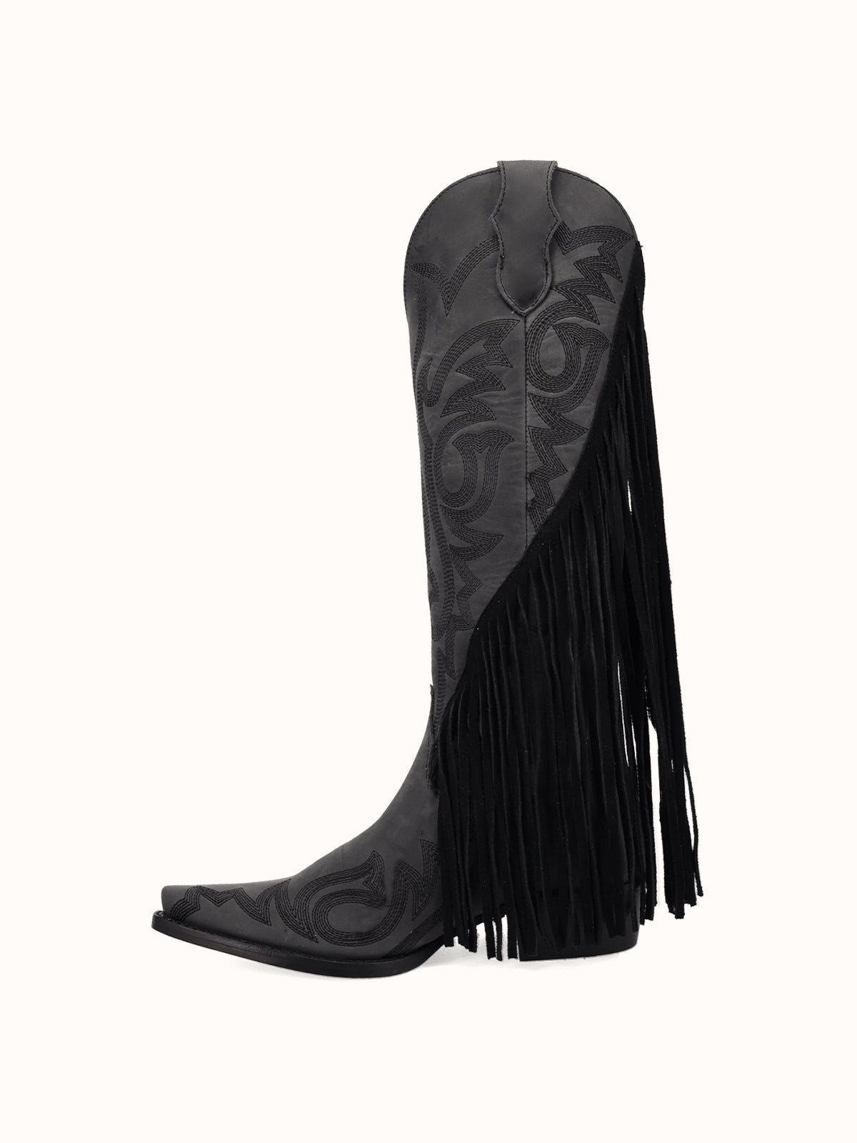 Black Snip-Toe Faux Suede Side Fringe Embroidery Wide Calf Knee High Cowgirl Boots