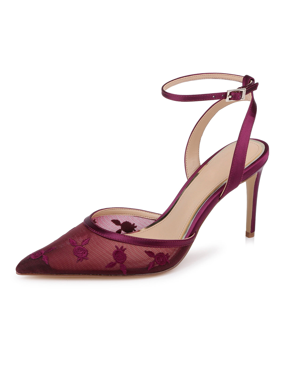 Burgundy Mesh And Satin Pointed-Toe Back And Ankle Strap Chic High Heels