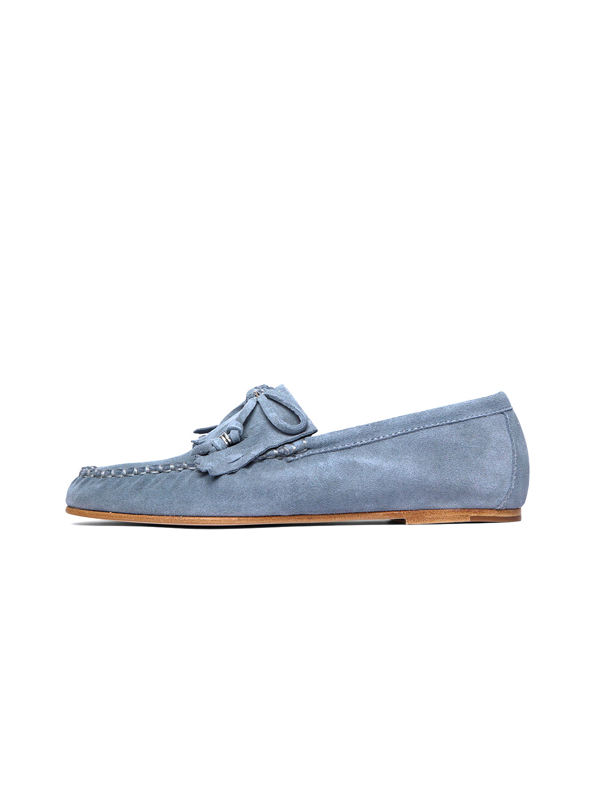 Blue Cow Suede Round-Toe Front Fringe And Bow Loafers Flats