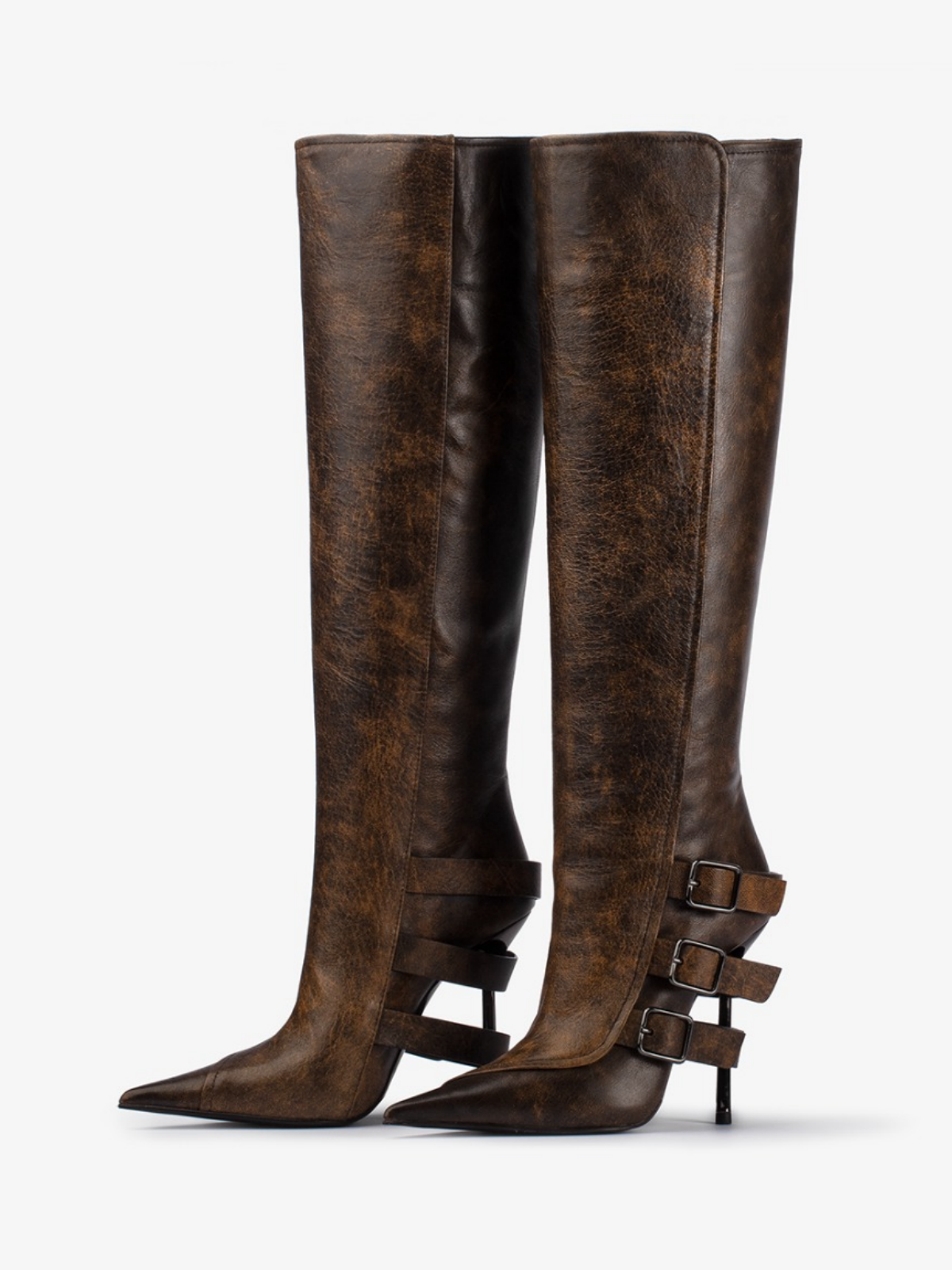 Distressed Dark Brown Pointed-Toe Wide Mid Calf Stiletto Boots With Buckles