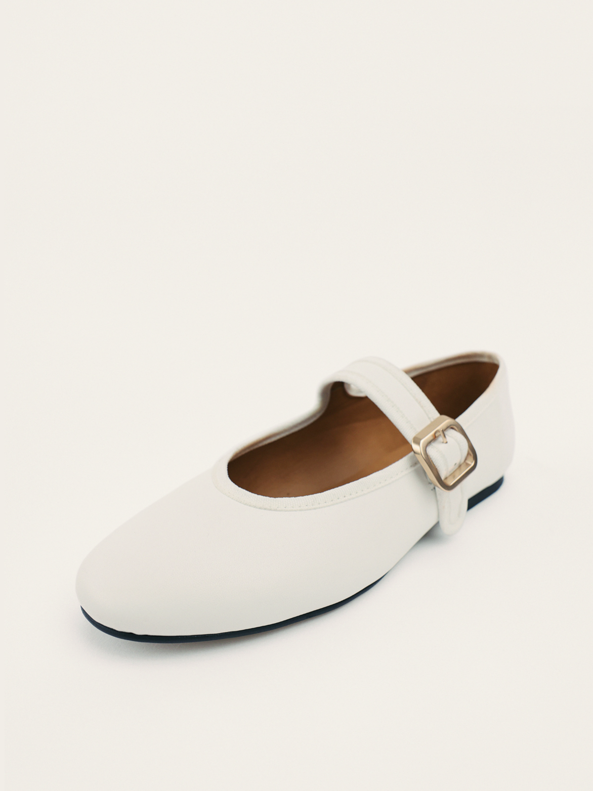 White Buckled Detailed Oval Ballet Flats Mary Janes With Wide Strap