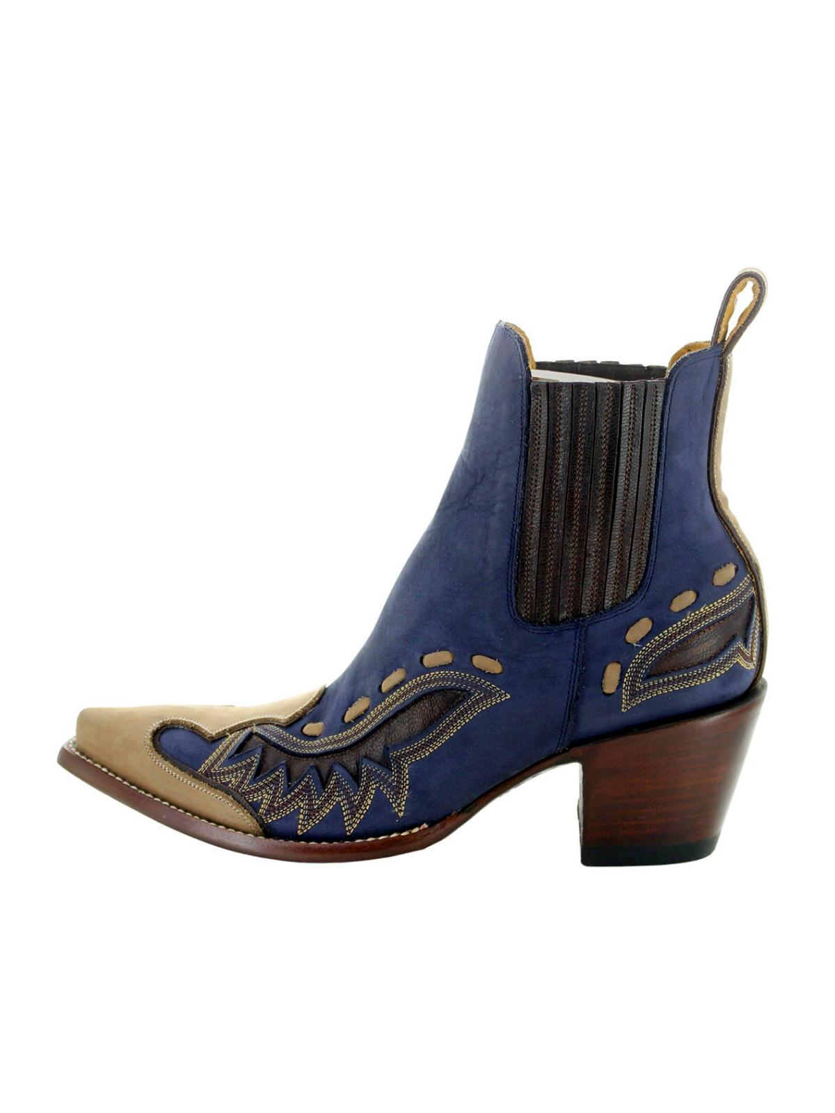 Contrast Blue And Tan Snip-Toe Running Stitch Inlay Ankle Booties