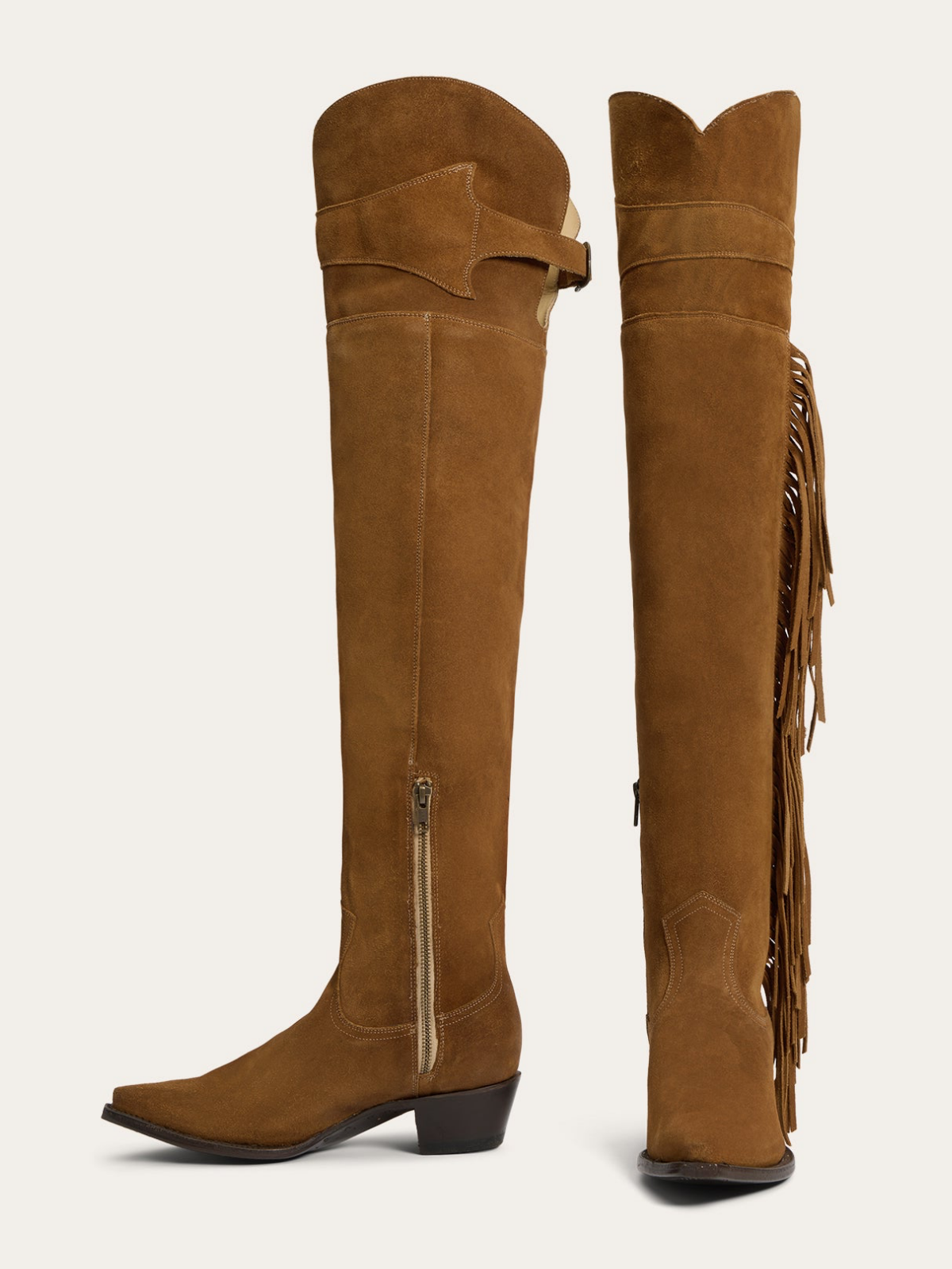 Tan Faux Suede Snip-Toe Side Fringe Half-Zip Over-The-Knee Cowgirl Boots